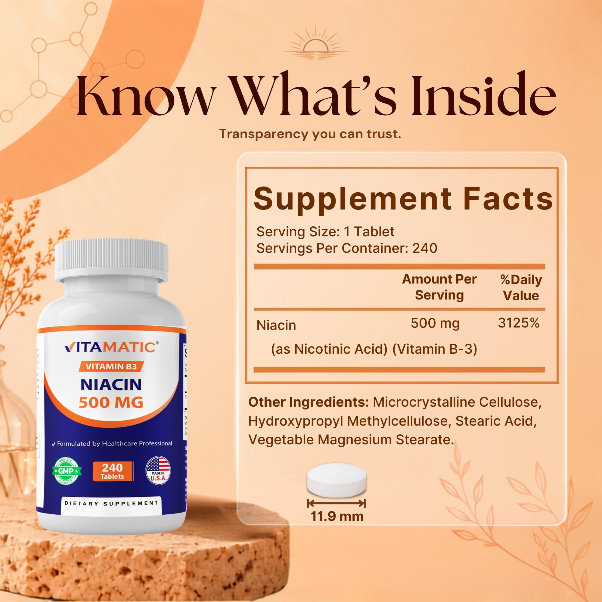 Vitamatic Niacin (Vitamin B3) 500mg, 240 Tablets - Non-GMO & Gluten Free- 480 Tablets (Pack of 2) — Amazon image 2