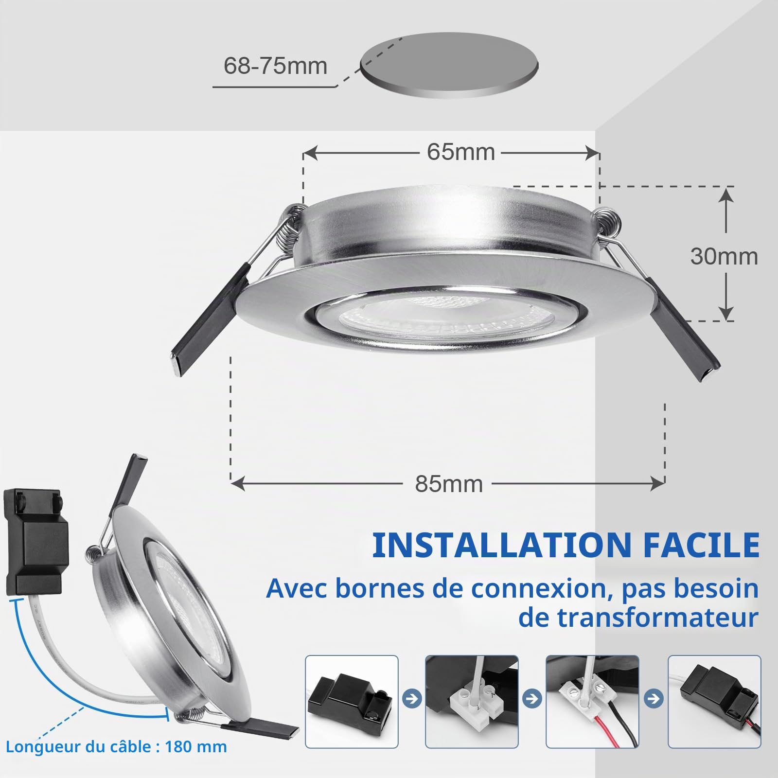 Spot LED Encastrable Orientable, 5W Spot Led Plafond Dimmable 220V Blanc Neutre 4000K 500LM Spot Encastrable LED Extra Plat, IP44 Spots Encastrés Ø68-75mm, Chambre, Salon, Salle de Bain, Lot de 6