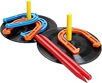 Vista 1 de El juego de herraduras de goma para interiores y exteriores incluye 4 herraduras, 2 clavijas, 2 alfombrillas de goma, 2 tacos de plástico rojo