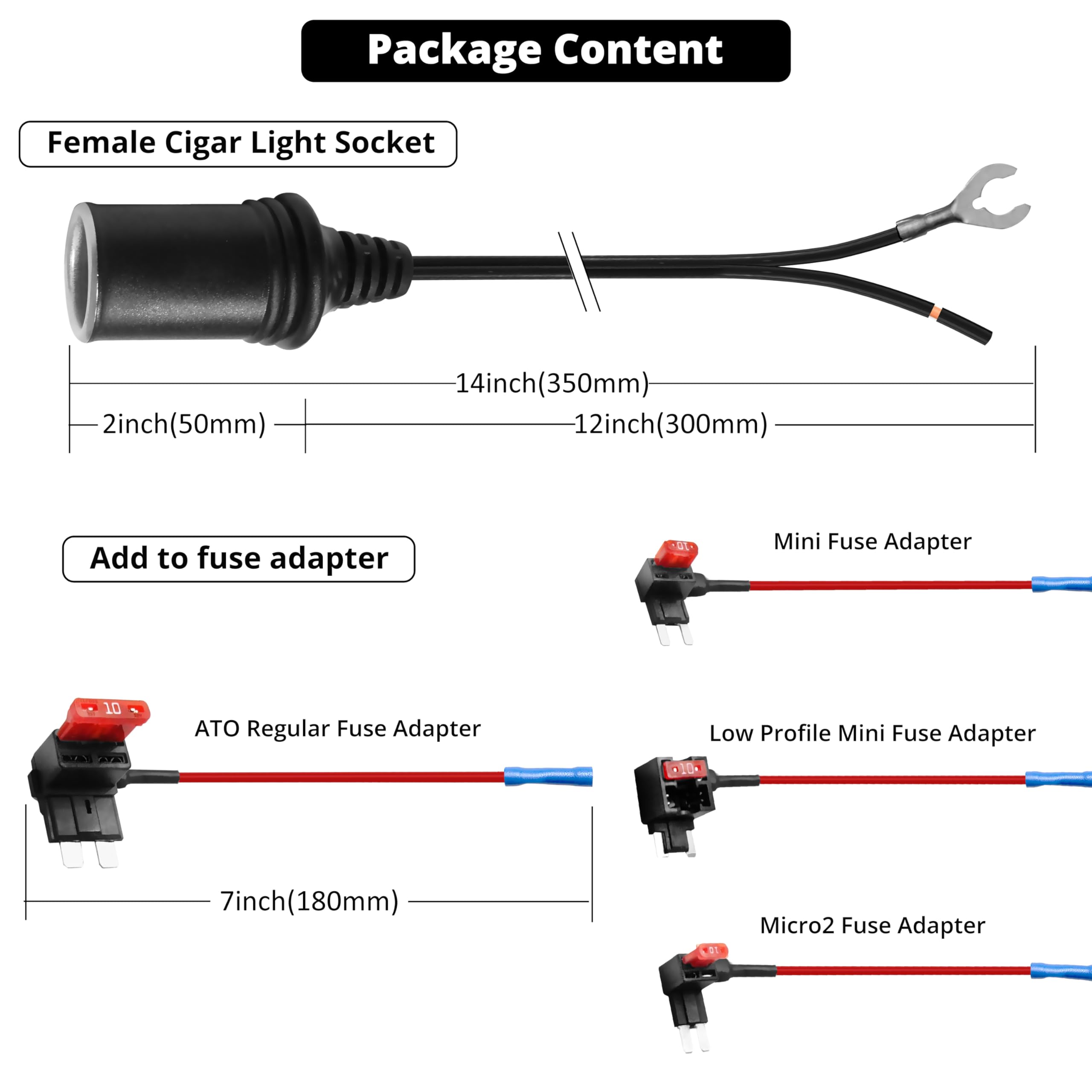 MASIGO Cavo di prolunga per presa accendisigari femmina da 12/24 V con adattatore per rubinetto per fusibile aggiuntivo, cavo diretto per dash cam alla batteria, include fusibile a lama da 10 A