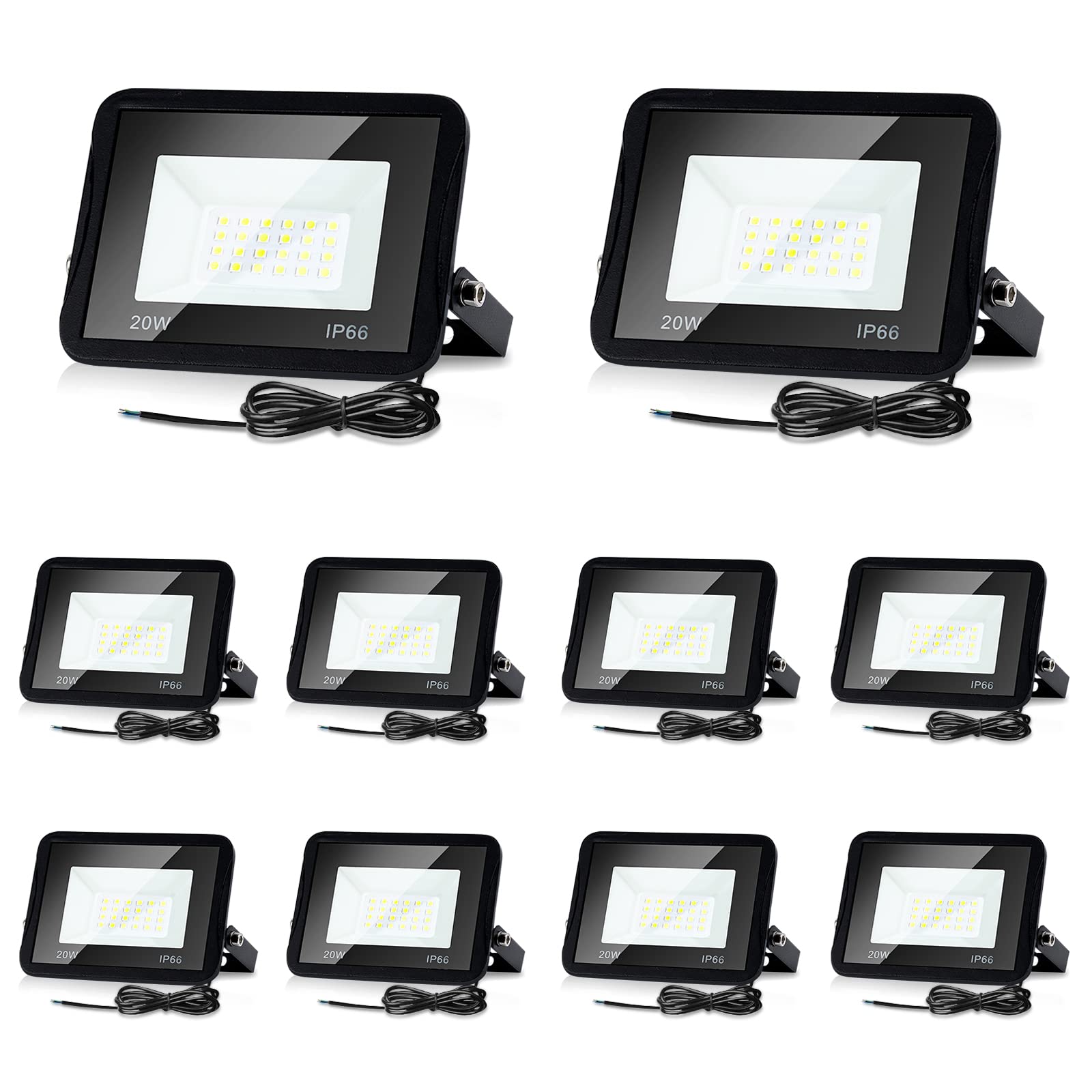 Lospitch 10X 20W LED Strahler Außen, Superhell 1700LM LED Fluter, IP66 Wasserdicht Flutlicht Außenstrahler, Aussen Scheiwerfer 6000K Kaltweiß, Flutlichtstrahler für Hof Garage Sportplatz Garten