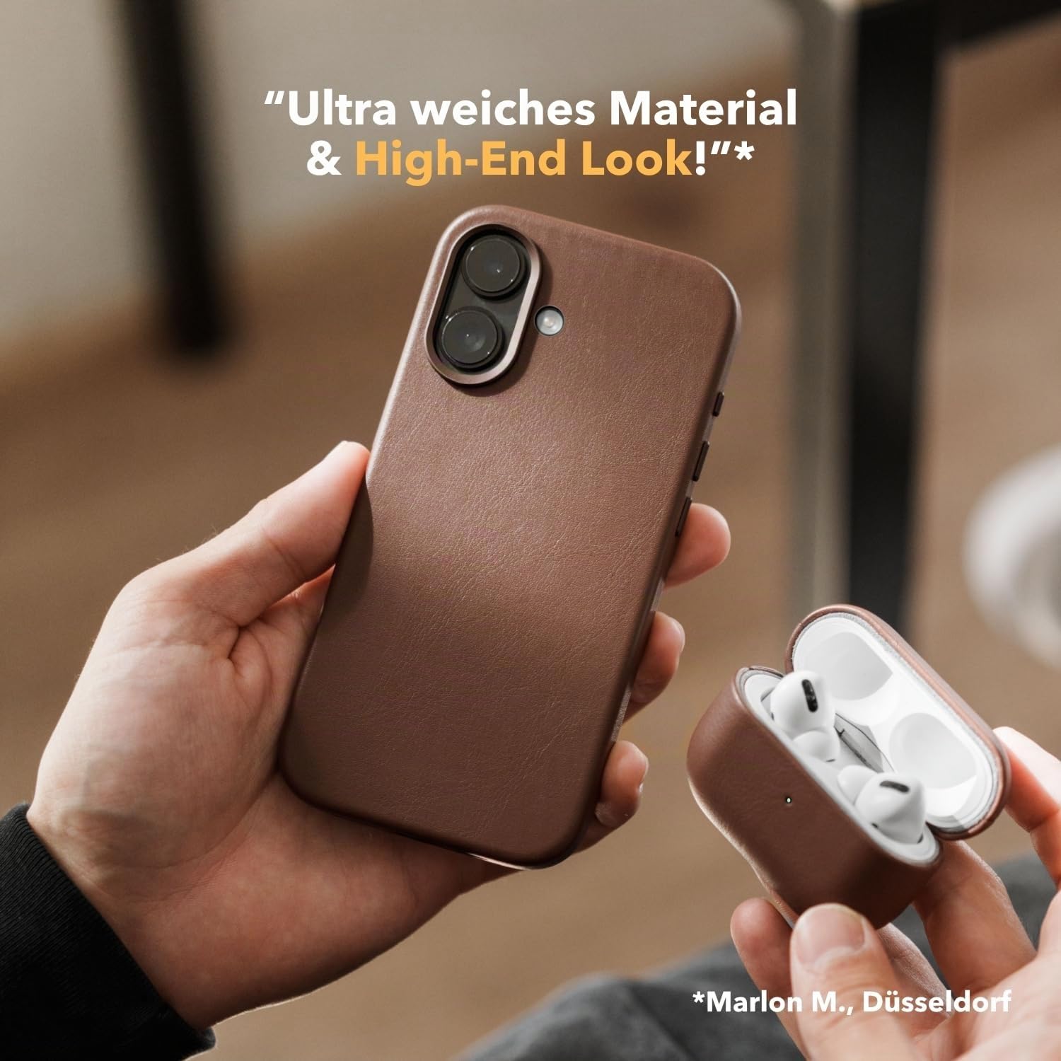 Woodcessories - Leder Case Kompatibel mit iPhone 17 Hülle aus Veganem Aloe Vera Leder Braun, MagSafe Kompatibel, 360° Schutz, Dünnes Design