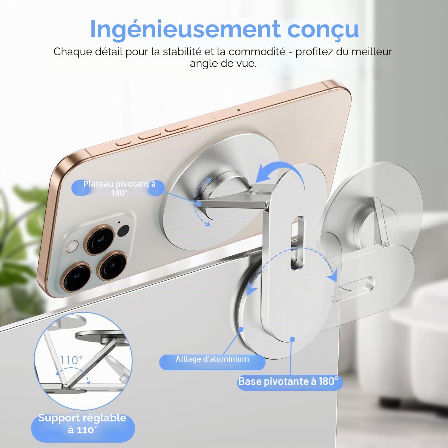 CloudValley Support Téléphone Magnétique pour Ordinateur Portable, Caméra de Continuité 3D Réglable pour iPhone Mag et Tous Les Téléphones, Holder Oliable pour Tesla, PC et Moniteur de Gym, Argent