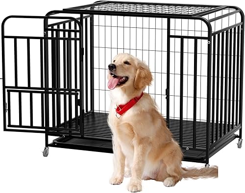 Jaula indestructible de 42 pulgadas con puerta doble, jaulas resistentes para perros grandes, fácil de limpiar, bandeja extraíble, ruedas con