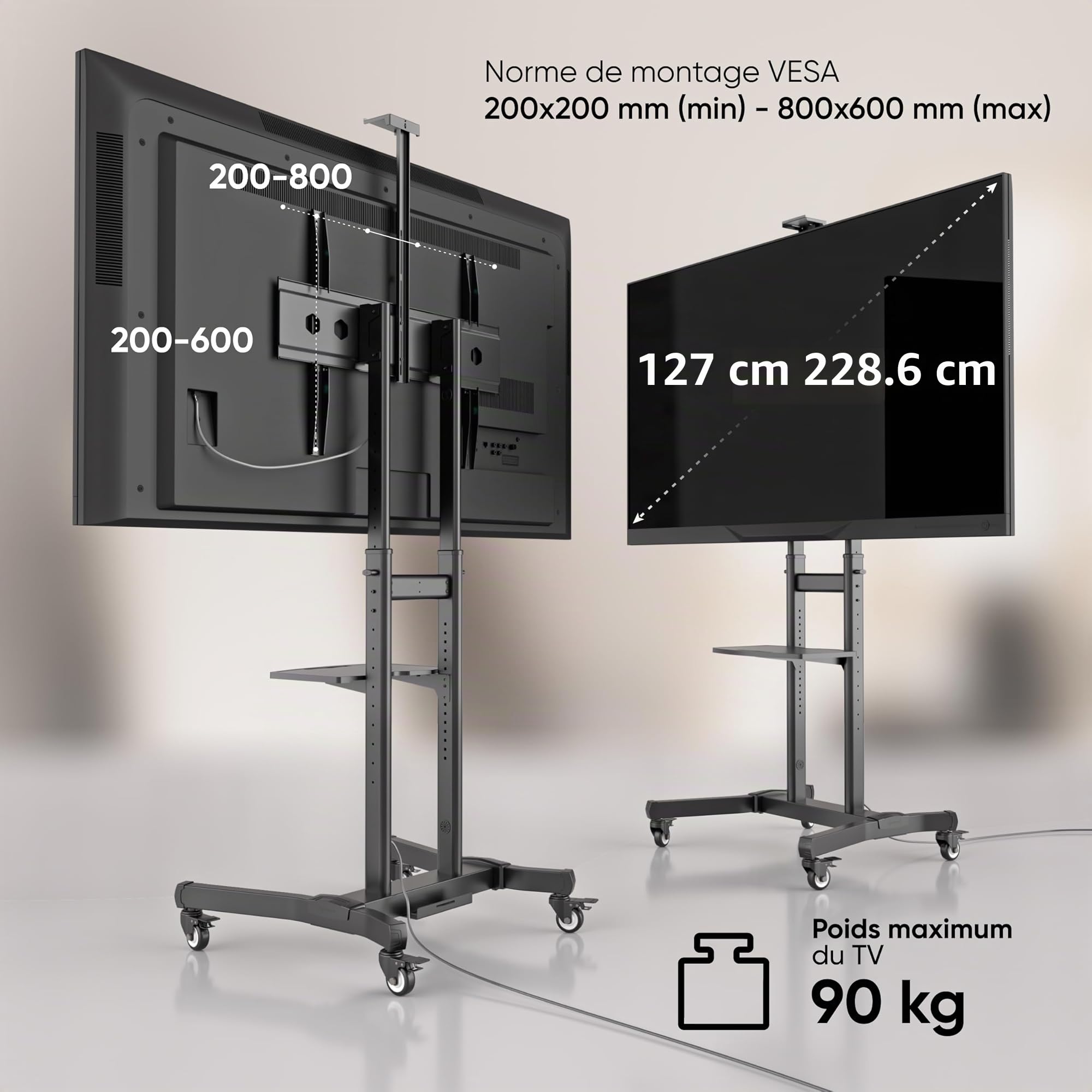 ONKRON Support TV roulettes 50" - 90", 90 kg, Max VESA 800x600, TS1891-B | Support TV mobile, inclinaison ±5°, hauteur réglable, roues sécurisées, tablettes, présentations, réunions et classes, noir