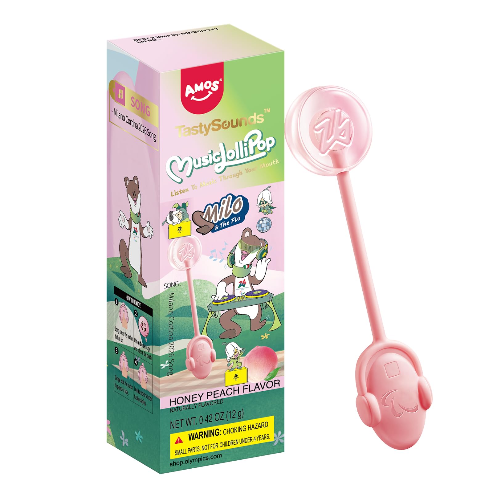 AMOS Lutscher Audio Lollipop Süssigkeiten, Ostern Pfirsich Süßigkeiten Geschenke Musik Lollies Bonbons Süßigkeitens, Lollipops Lutscher Zuckerfrei Süßigkeiten Einzeln Verpackt – 1 PCS