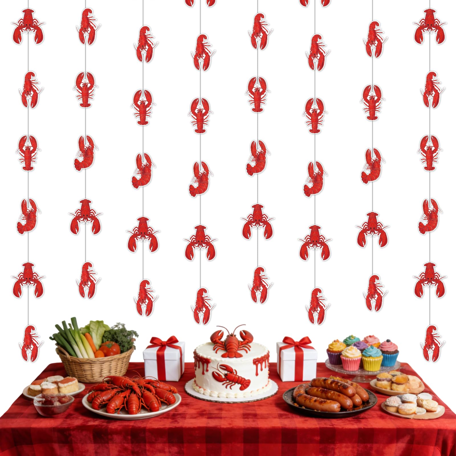 JOYMEMO 8 Pack Crawfish Party Garlands, Red Lobster Themed Hanging Streamers, Double-Sided Crawfish Decorations for Seafood Boil, Shrimp Crayfish Birthday Party Supplies for Boys Girls Men Women