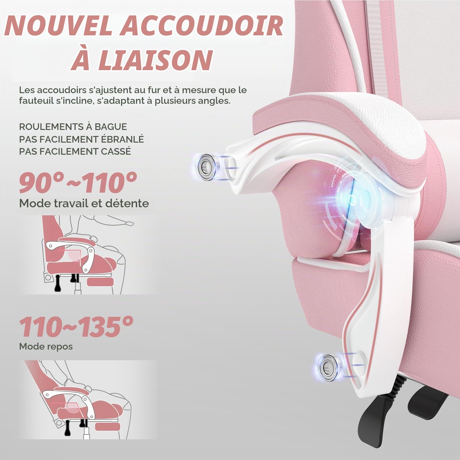 Chaise Gaming Ergonomique avec Repose-Pieds Rétractable, Gaming Chair avec Oreilles et Queue de Chat, Fauteuil Gamer en Tissu avec Massage Lombaire, Appui-Tête, Hauteur Réglable, Roulettes PU, Rose