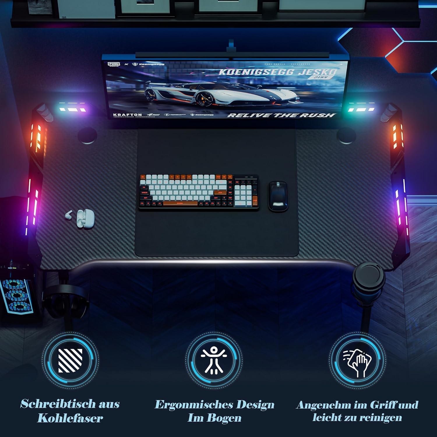 LZQ Scrivania da gaming a LED da 120 x 60 cm, colore nero, tavolo per PC con supporto per bevande e ganci per cuffie, scrivania da gaming ergonomica con telaio M