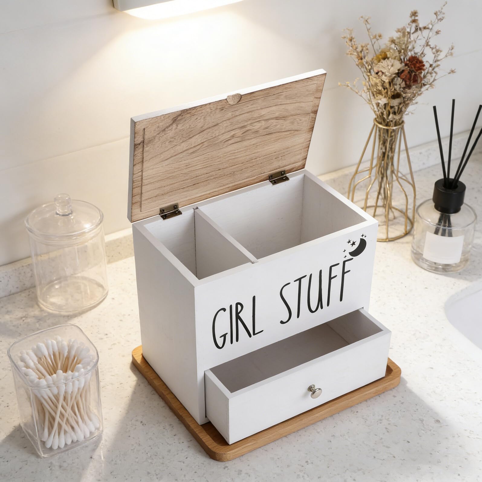 WOONEKY Scatola Portaoggetti in Legno per Bagno Organizer per Assorbenti Igienici con Coperchio Contenitore per Prodotti Femminili Scatola per Accessori da Bagno Bianca