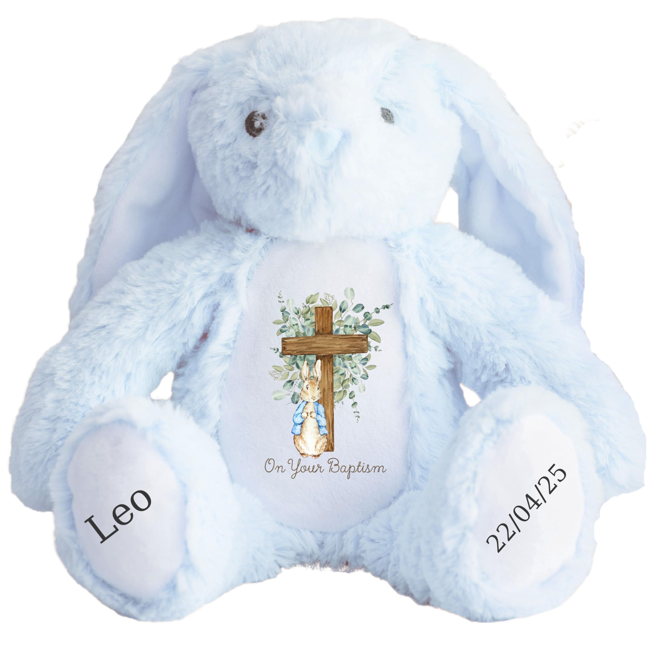HotScamp Personalised Baptism Bunny with Name - Peter Cross Rabbit On your Baptism Day Soft Toy for Baby, Child, Kids, Babies Christening Church Spring Time - Pink Letter Blu Bunny
