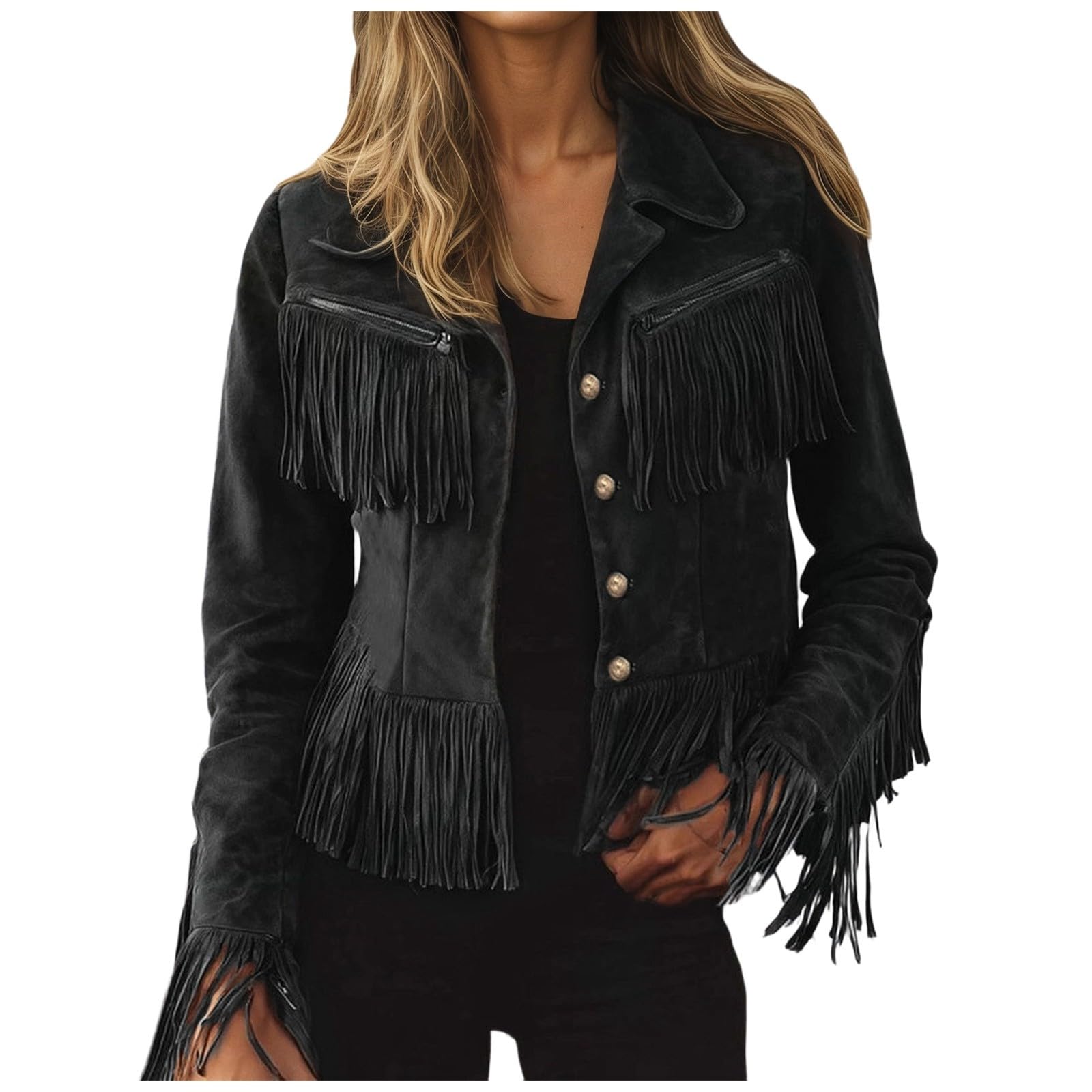 Chaqueta con Flecos, Solapa con Muesca, Corte Entallado, cinturón Recortado, Prenda Exterior para otoño e Invierno, Estilo Informal, Mujer, Moda