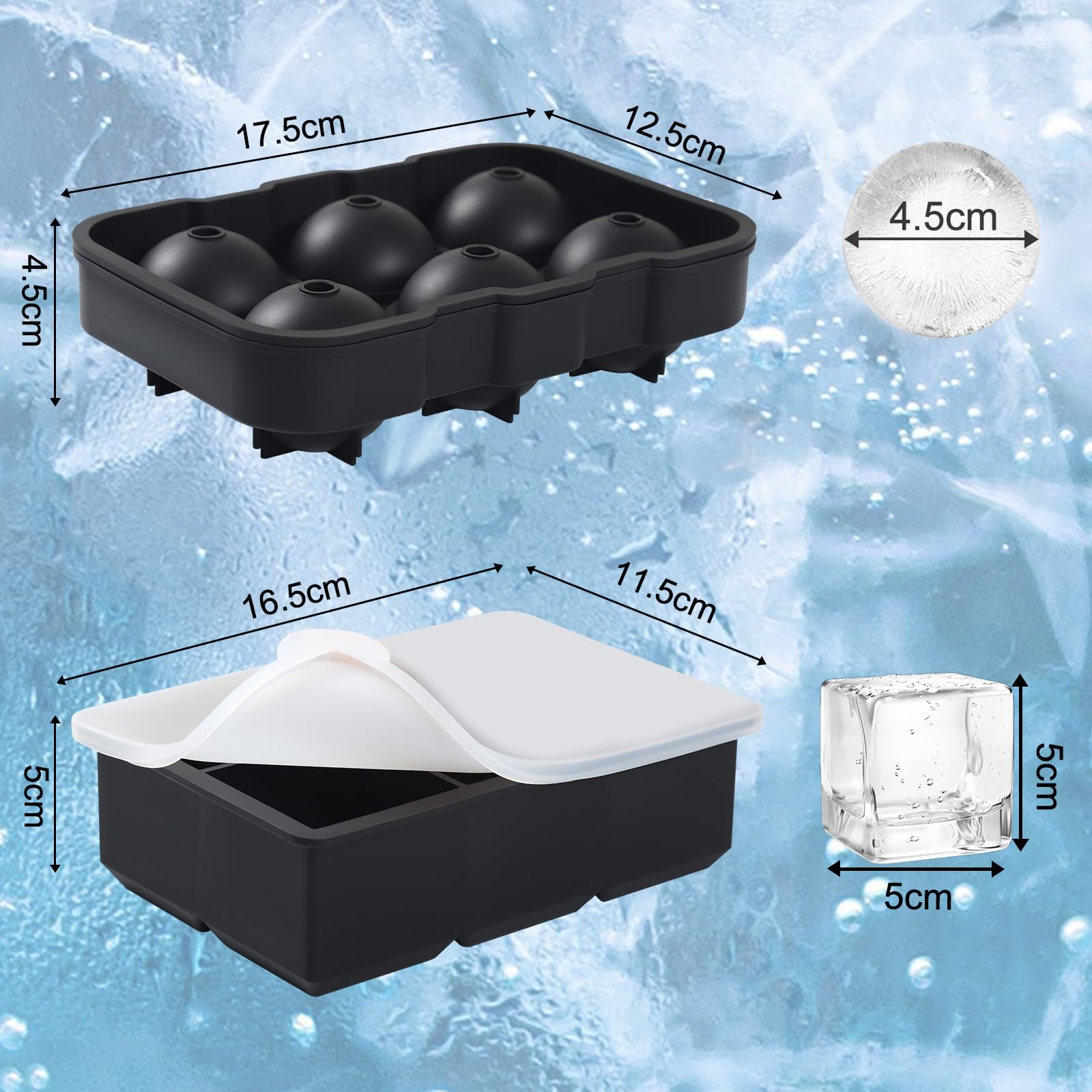 Gucass 2 sztuki silikonowe formy na kostki lodu z pokrywkami, 5 cm, 6 przegródek, duże, okrągłe i prostokątne formy na kostki lodu, bez BPA, tacki na kostki lodu do whisky, koktajli, wina, owoców