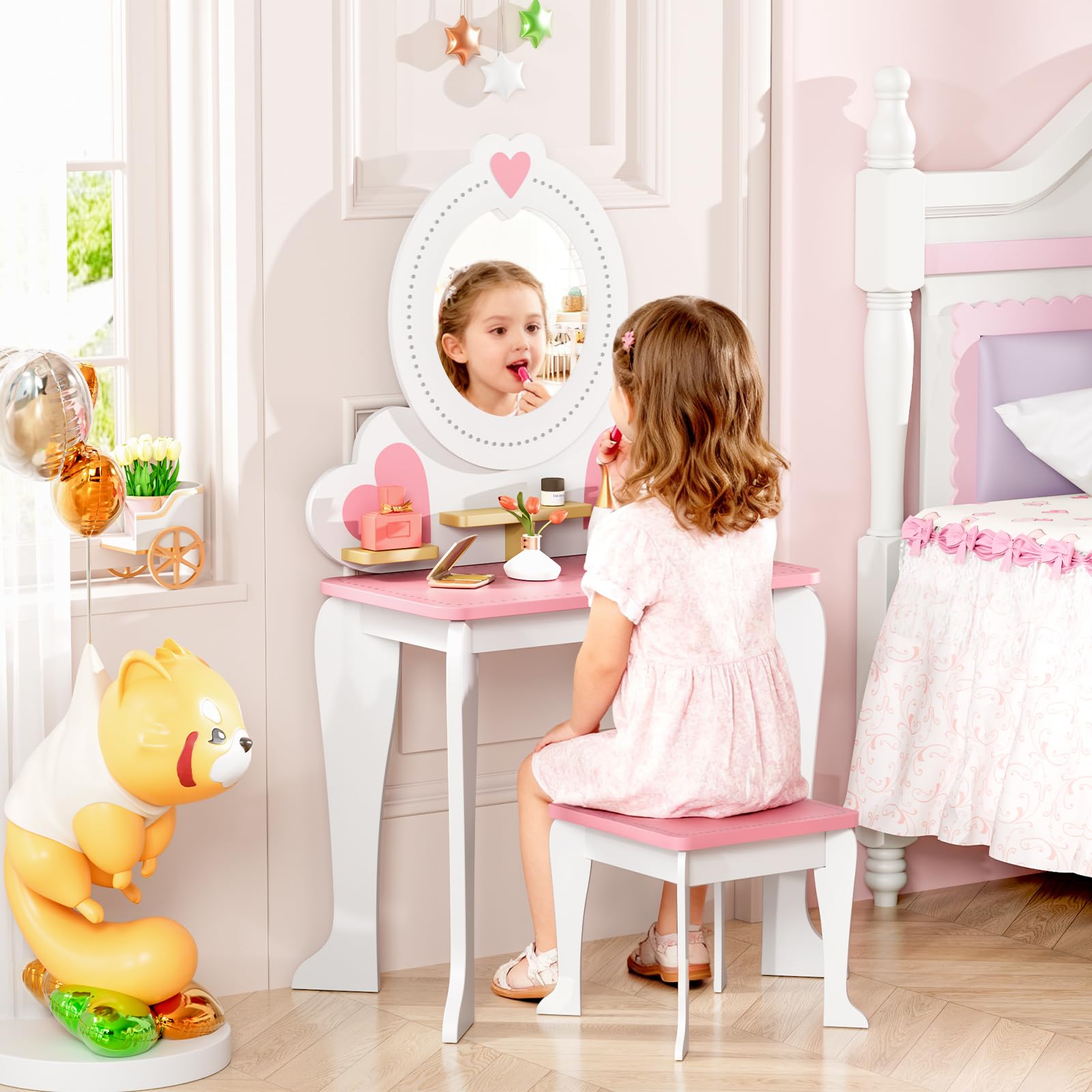 MAMIZO Schminktisch Kinder mit Abnehmbarem Spiegel, Kinderschminktisch Holz mit Hocker, 2 in 1 Prinzessin Frisiertisch, Kinderschreibtisch, Schminktisch Mädchen ab 3 Jahre, 50x33x91cm, Weiß