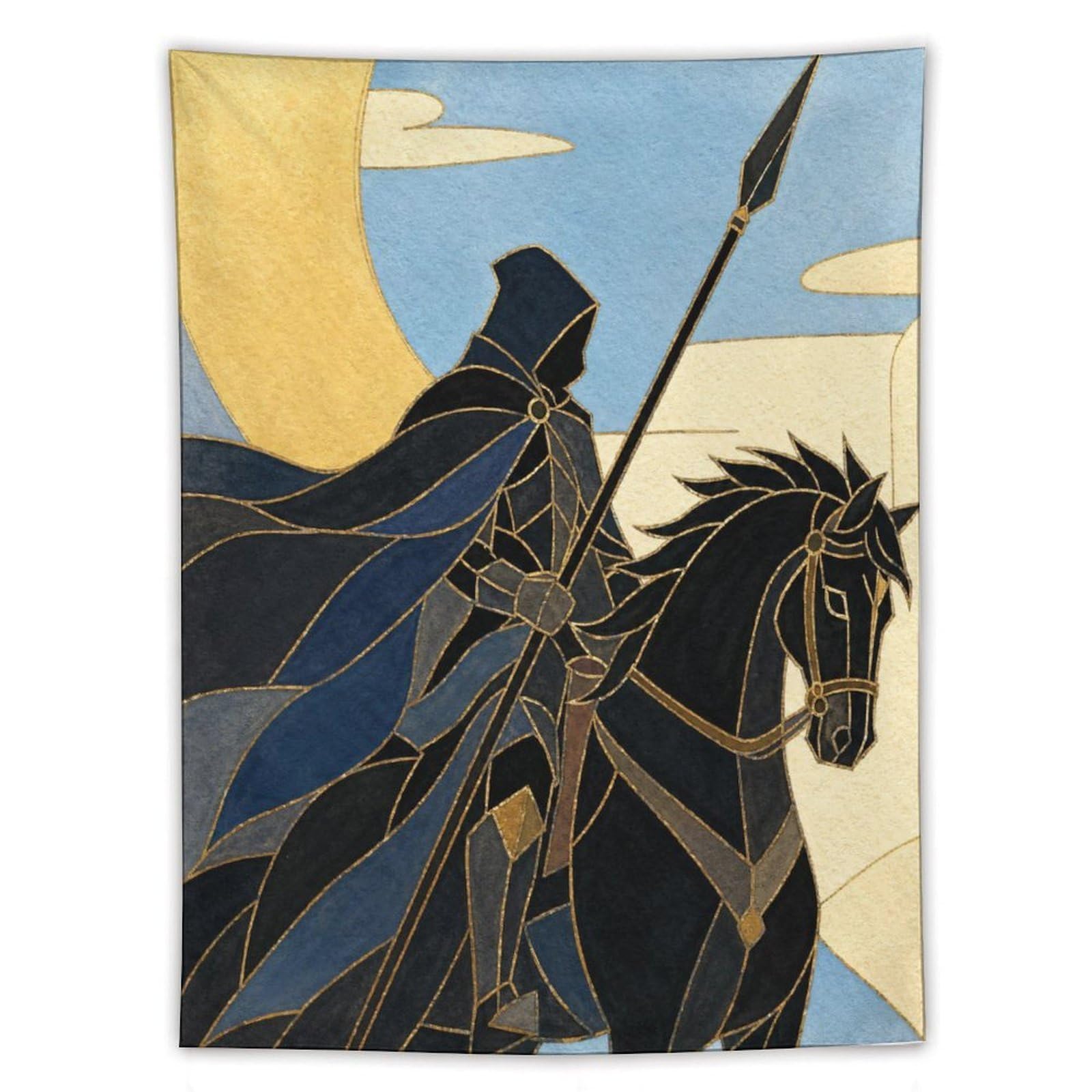 H3B8U2Y5 Moon Horseman Wall Tapestry, Geometric Art Style, Moonlit Sky