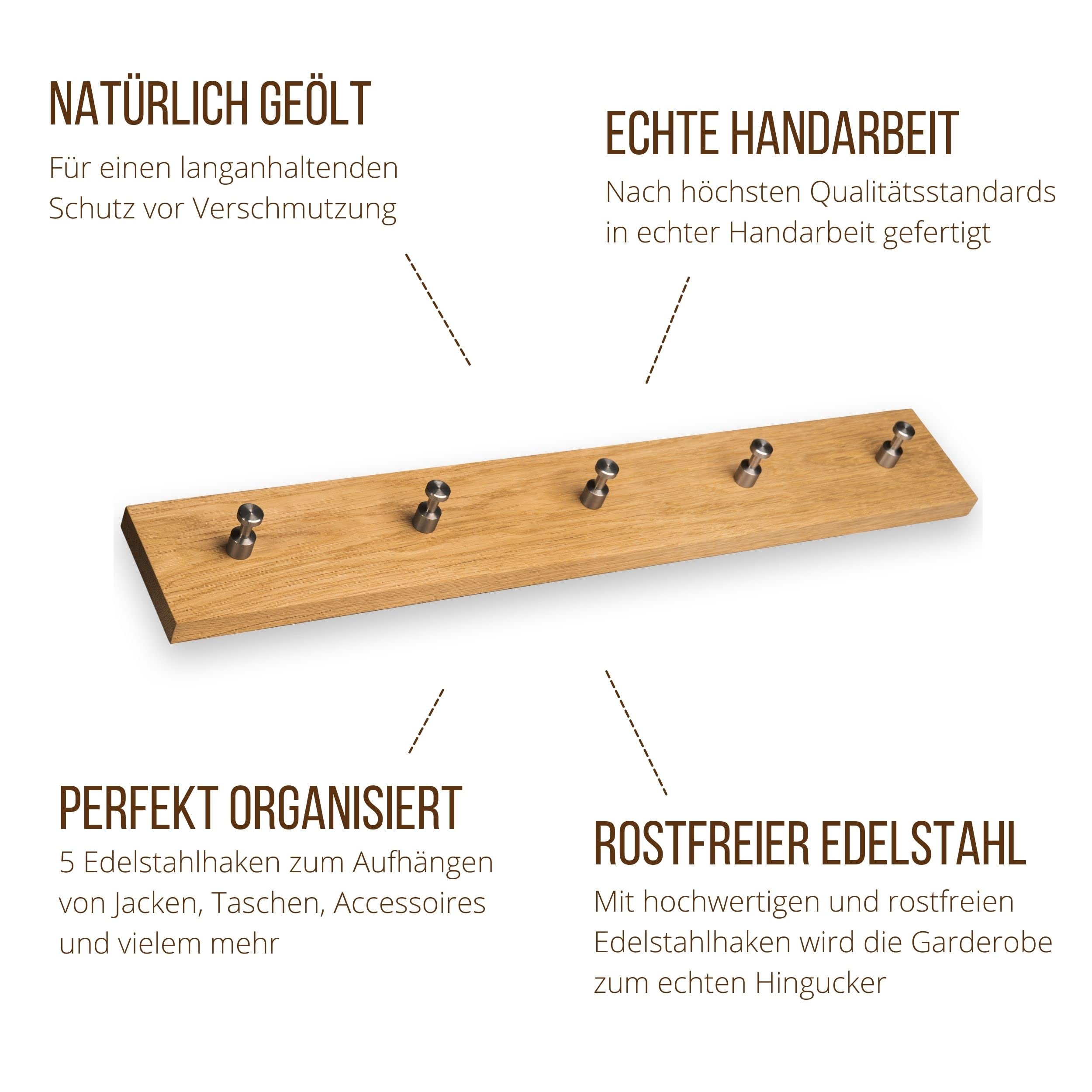 Heimatspäne Garderobenleiste Eiche mit 5 Edelstahlhaken [echtes Eichenholz] - Wandgarderobe als Hakenleiste Holz mit Kleiderhaken - Garderobenleiste Holz