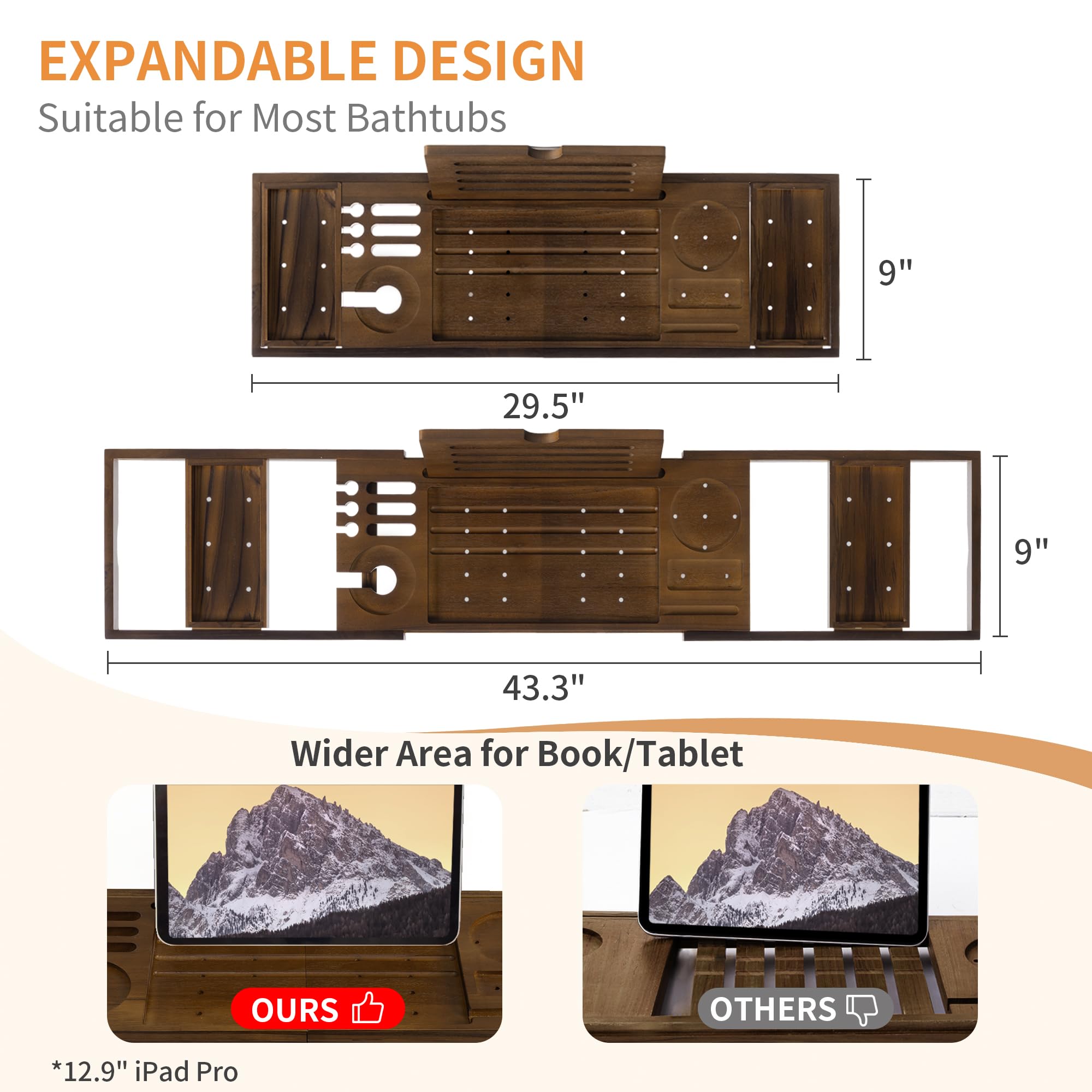 Flyjoe Bandeja de bañera con asas expandibles, madera de teca maciza, nogal