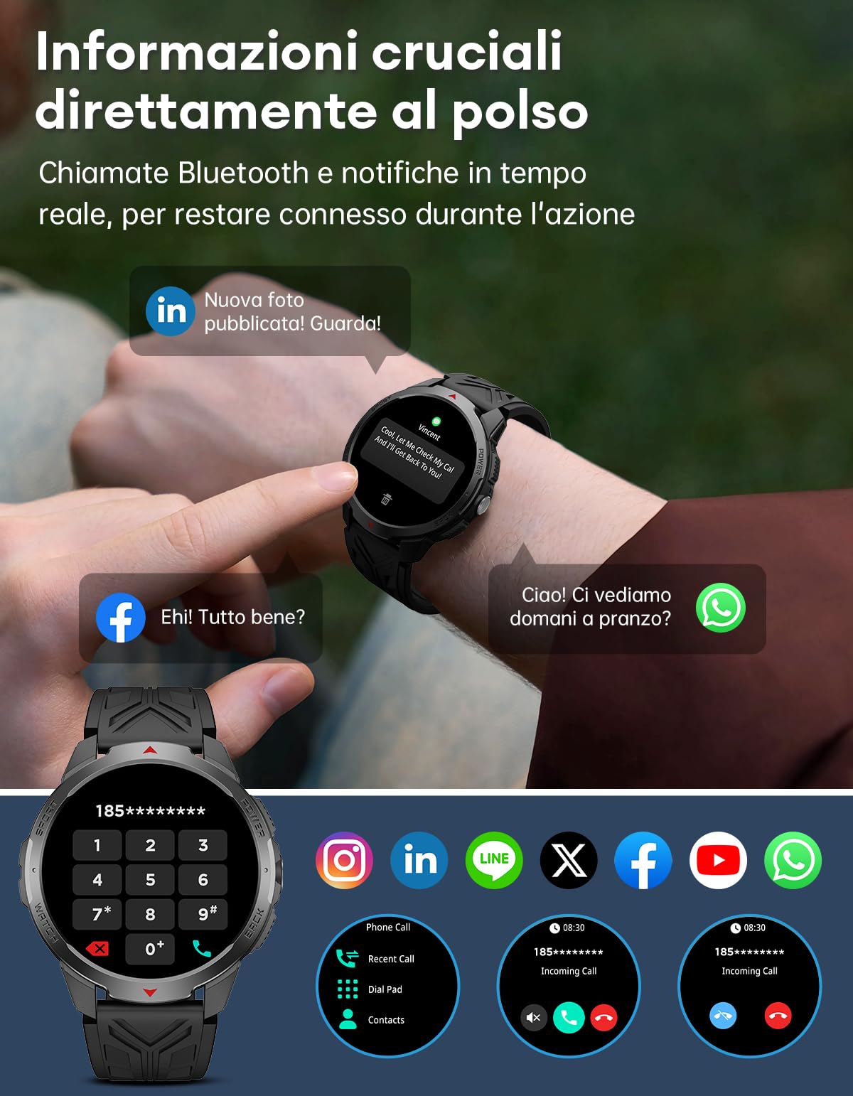 Smartwatch Uomo - 1100mAh/30 Giorni Batteria Lunga Durata, 1,7'' Orologio Smartwatch Militare con Torcia/Bussola/Impermeabile 3ATM/Cardiofrequenzimetro/SpO2/Sonno per Android iOS, Nero
