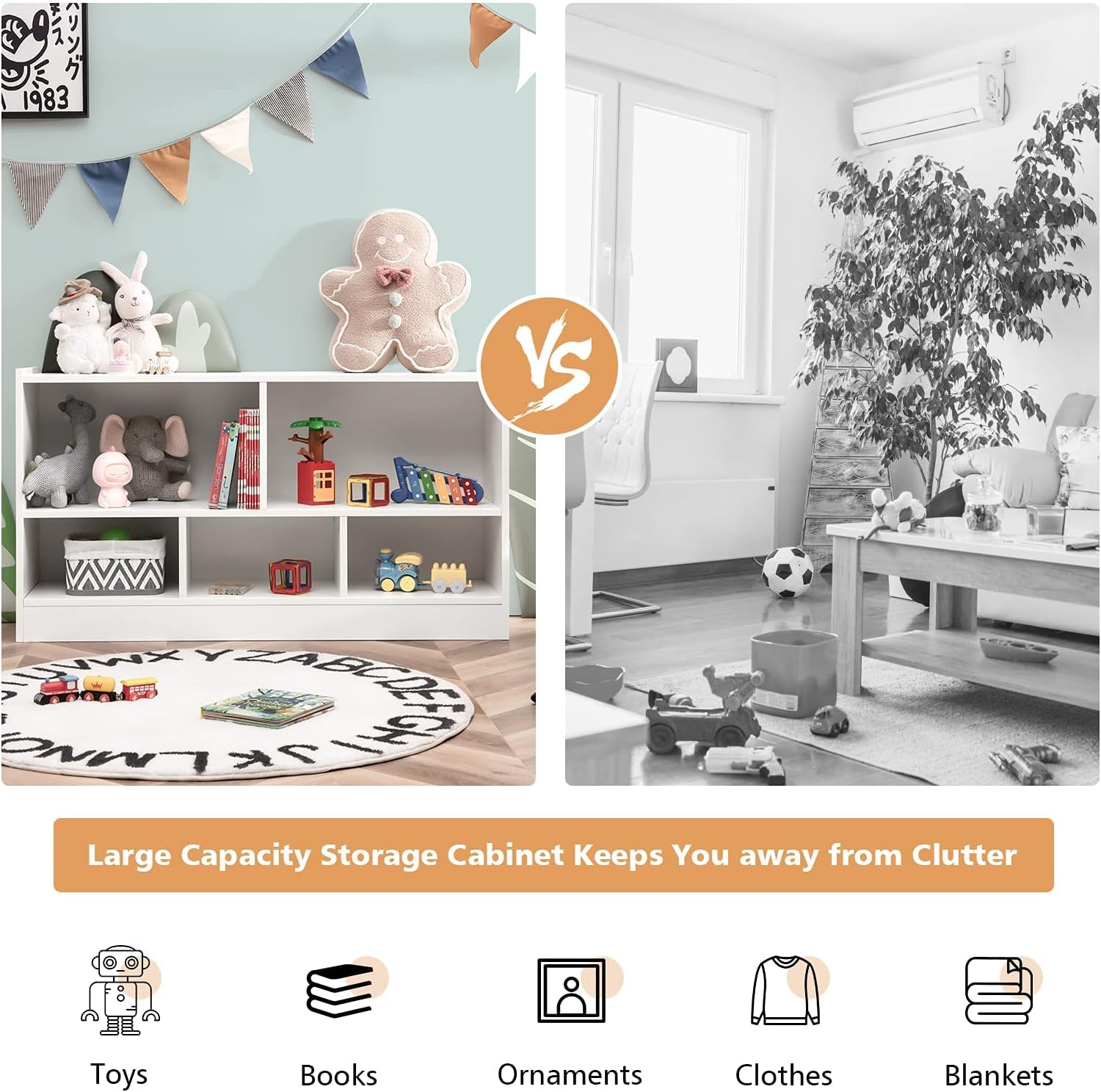 KOTEK Toy Storage Organizer, 5 Cubby Kids Bookshelf, Wooden 3-Tier Bookcase Storage Cabinet, Open Display Book Shelf for Daycare, Nursery, School Classroom, Living Room & Bedroom (White, 5 Cubes)