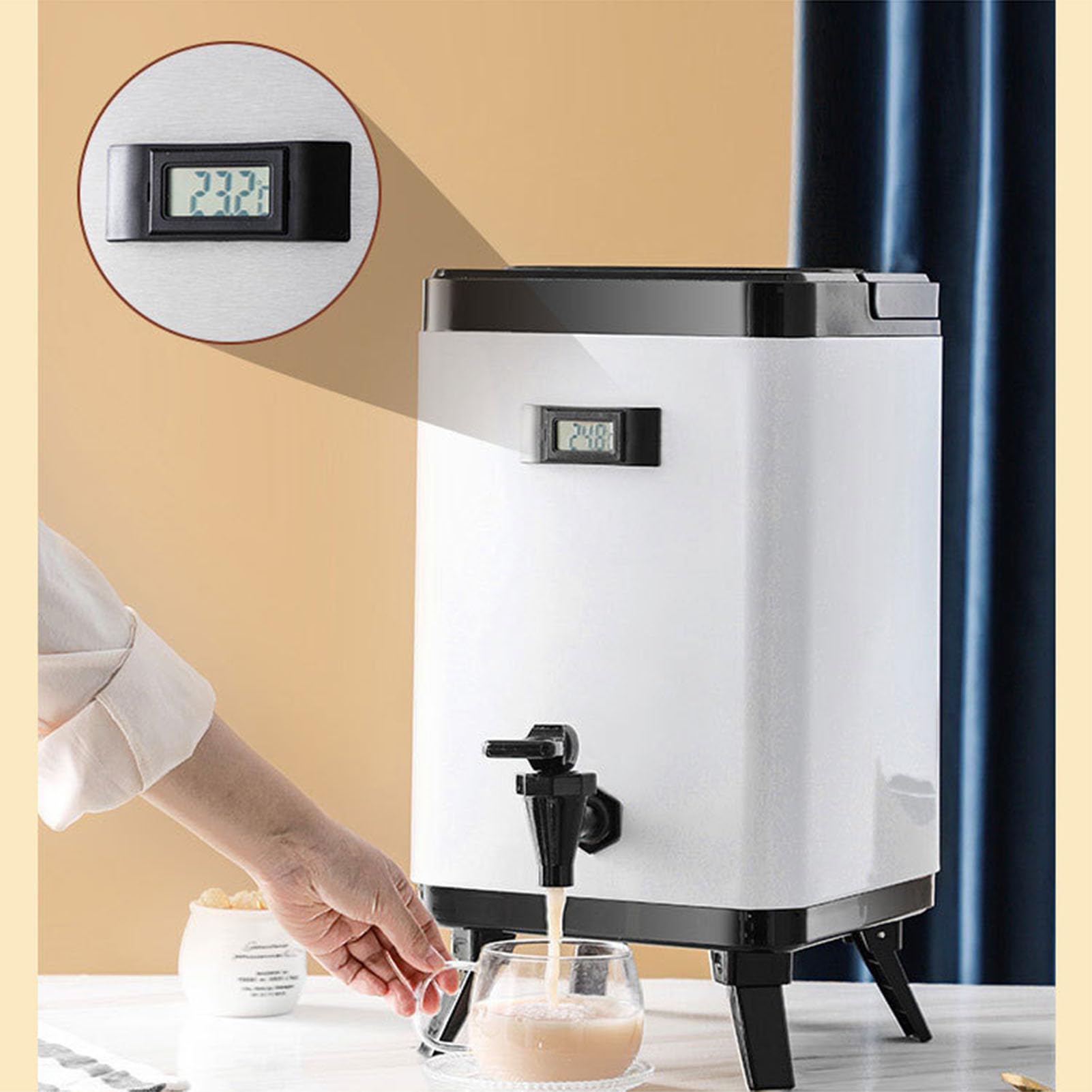 Dispenser termico per bevande in acciaio inossidabile, dispenser per bevande isolate con termometro, dispenser per bevande calde e calde, per tè caldo, caffè, latte freddo, acqua, succo, nero, 6 l