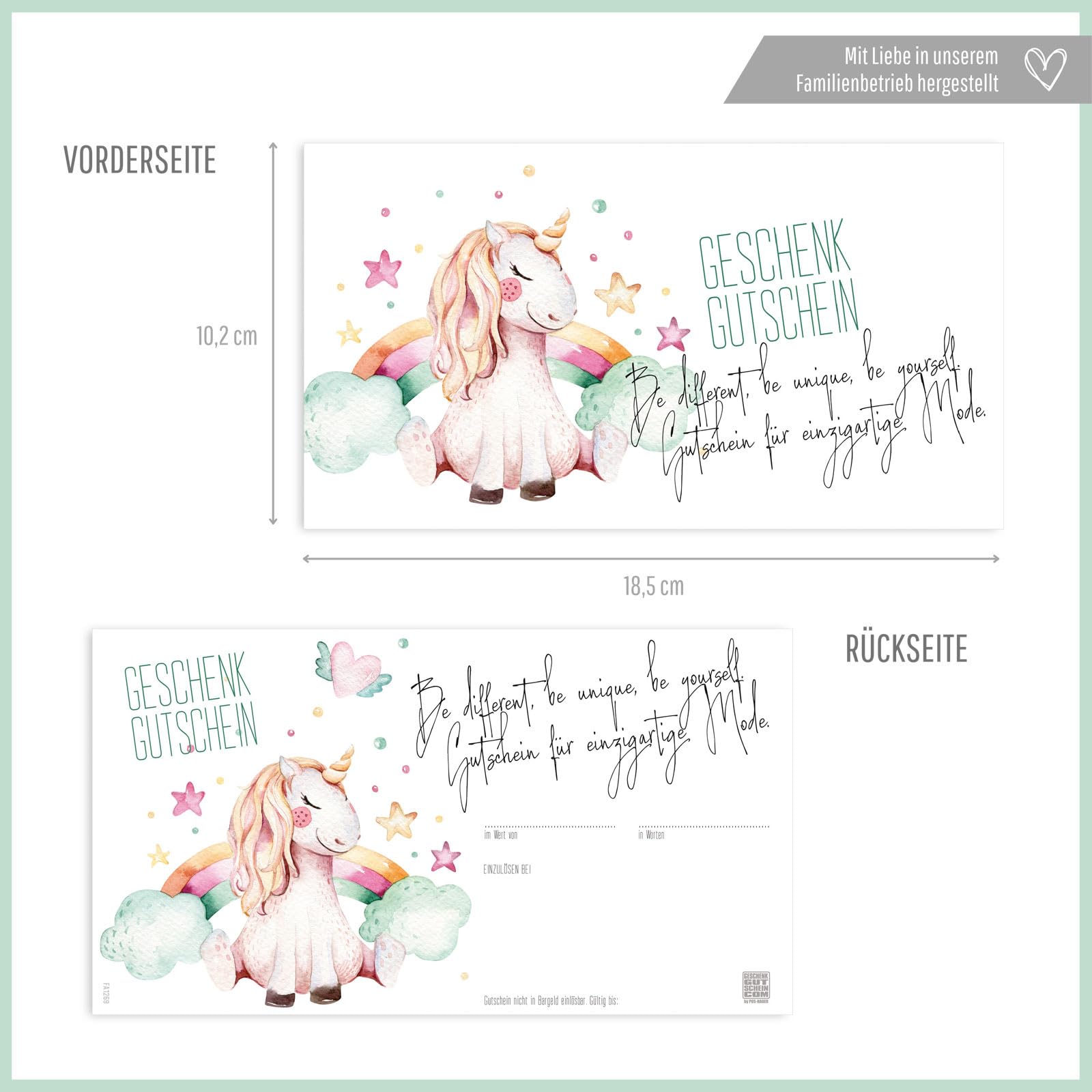 GESCHENKGUTSCHEINcom - 100 Blanko Geschenkgutscheine mit Kuvert - Formulare mit Vordruck für Kindermode Fashion Modeboutique FA12691-100-V1