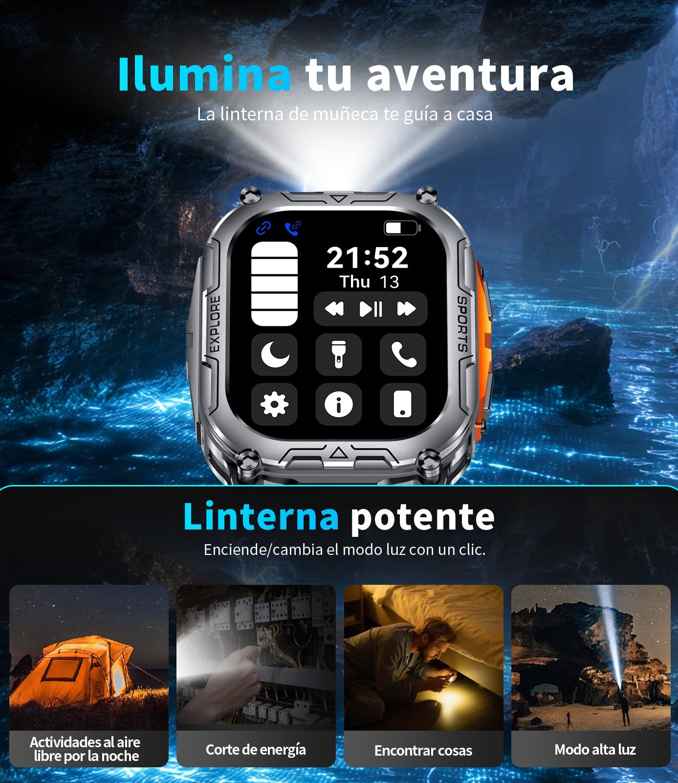 Reloj Inteligente Hombre Llamada Bluetooth, 2.01" Militar Smartwatch con 1000 mAh/Llamada Bluetooth/LED Linterna, 110+ Modos Deportivos, Pulsómetro/Monitor de Sueño, IP68 Reloj, Android iOS,BWTX12-E