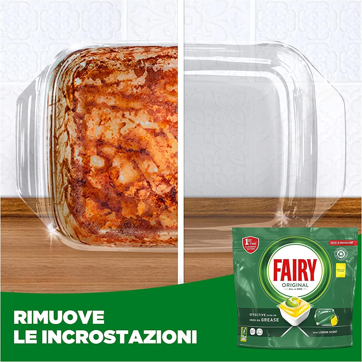 Fairy Detersivo Pastiglie Lavastoviglie, Brillantante, 155 Capsule Lavastoviglie, Original Limone, Azione Pulente Al Primo Lavaggio, Efficace Sul Grasso Incrostato Con Azione Brillante
