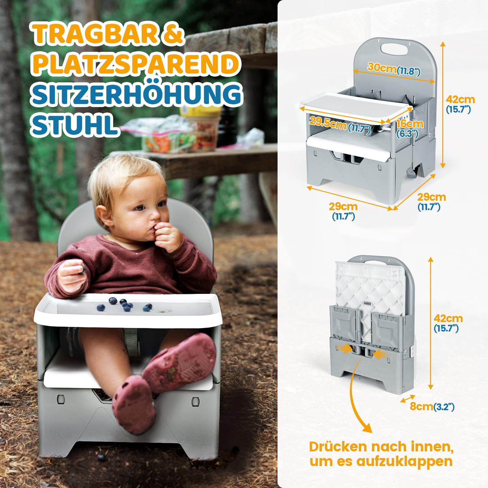 Orzbow Faltbare Sitzerhöhung Stuhl Kind,Stabile Reisehochstuhl Baby mit Abnehmbarem Tablett,ABS Material und Stabile Struktur,Tragbare Kind Campingstuhl für Kinder von 6 Monaten bis 3 Jahren 15kg,Grau