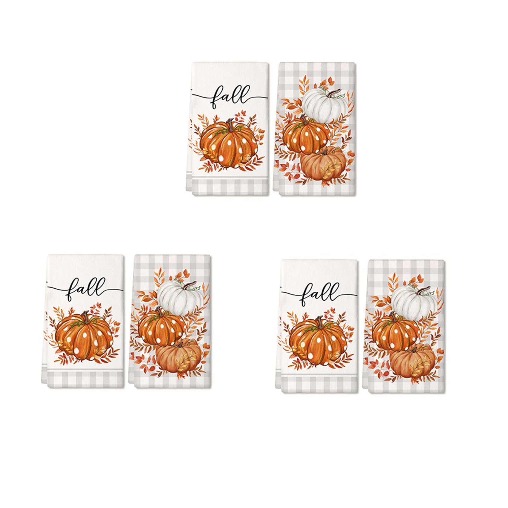 Hndhbfgrt 6PCS Fall Kitchen Towels Set of 6, Orange Pumpkin Grey Check Autumn Dish Towels Drying Dishcloth