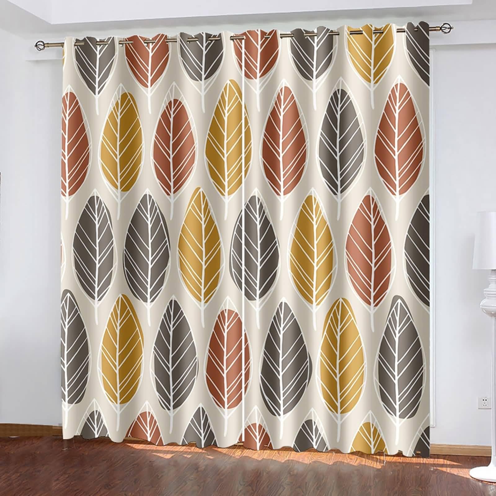 Lichtundurchlässige Vorhänge, 102x160cm Kaffee Grau Gelb Blattmuster Verdunklungsvorhänge mit Ösen