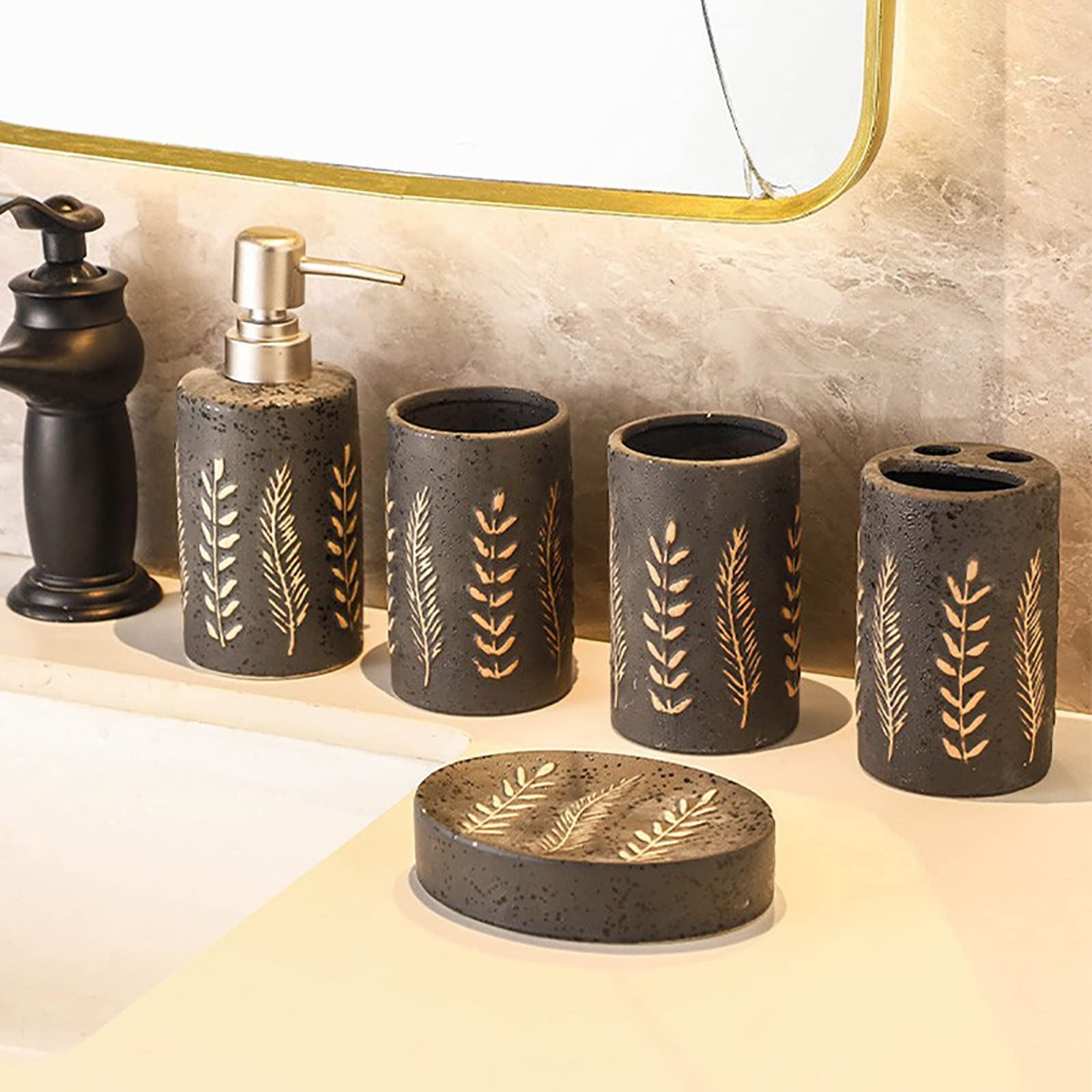 Juegos de Accesorios de baño, Acesorios Cuartos de Baño 5 Piezas con Dispensador Jabon Baño, Jabonera Baño, Porta Cepillo de Dientes, Bandeja, para Champú Gel de Ducha Cerámica Marrón