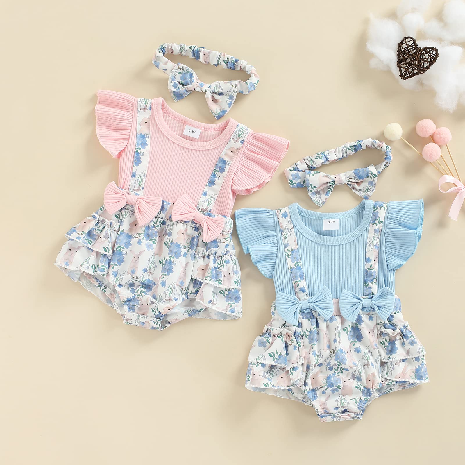 0-18M Newborn Baby Girl Clothes Floral Romper Patchwork Bowknot One Piece Bodysuit Infant Summer Outfit(Easter-Green,3-6 months)