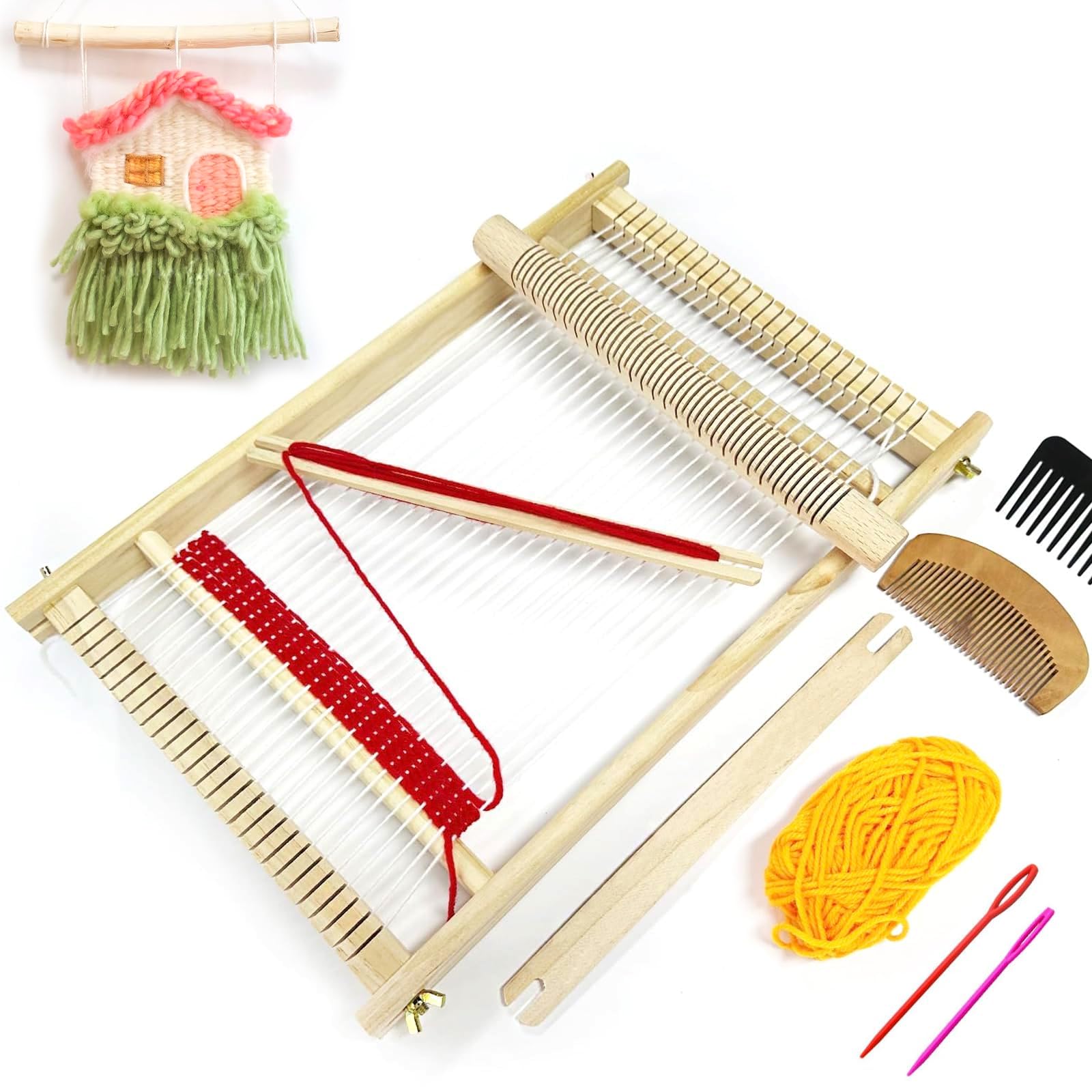 SawvolkerWooden Multi-Craft Weaving Loom Kit,15.5" H x 9.85" W Large Weaving Frame Loom for Beginners Kids Adult Seniors Crafts,Hand-Knitting Weaving Machine with Shuttles Handcraft Weaving Loom