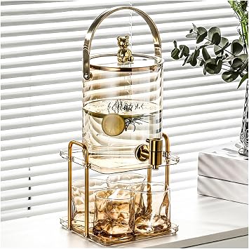 Beverage Drink Dispenser With Stainless Steel Spigot|Fun Party Entertainment Home Leakproof Juice Container|Water Dispenser With Dustproof Glass Lid,Amber Color,With Stand And 4pcs Glass CupsA
