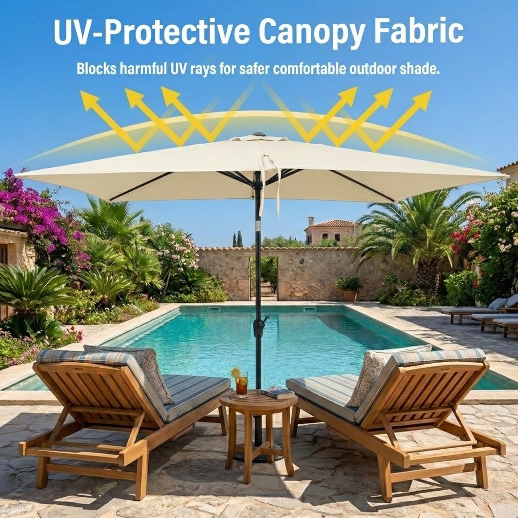 6x9ft Patio Umbrella, Outdoor Umbrellas For Patio, Rectangular Table Umbrella with Crank, Pool Deck Umbrella with Push Button Tilt, Market Umbrella with 6 Ribs for Backyard, Garden, Porch (Tan)