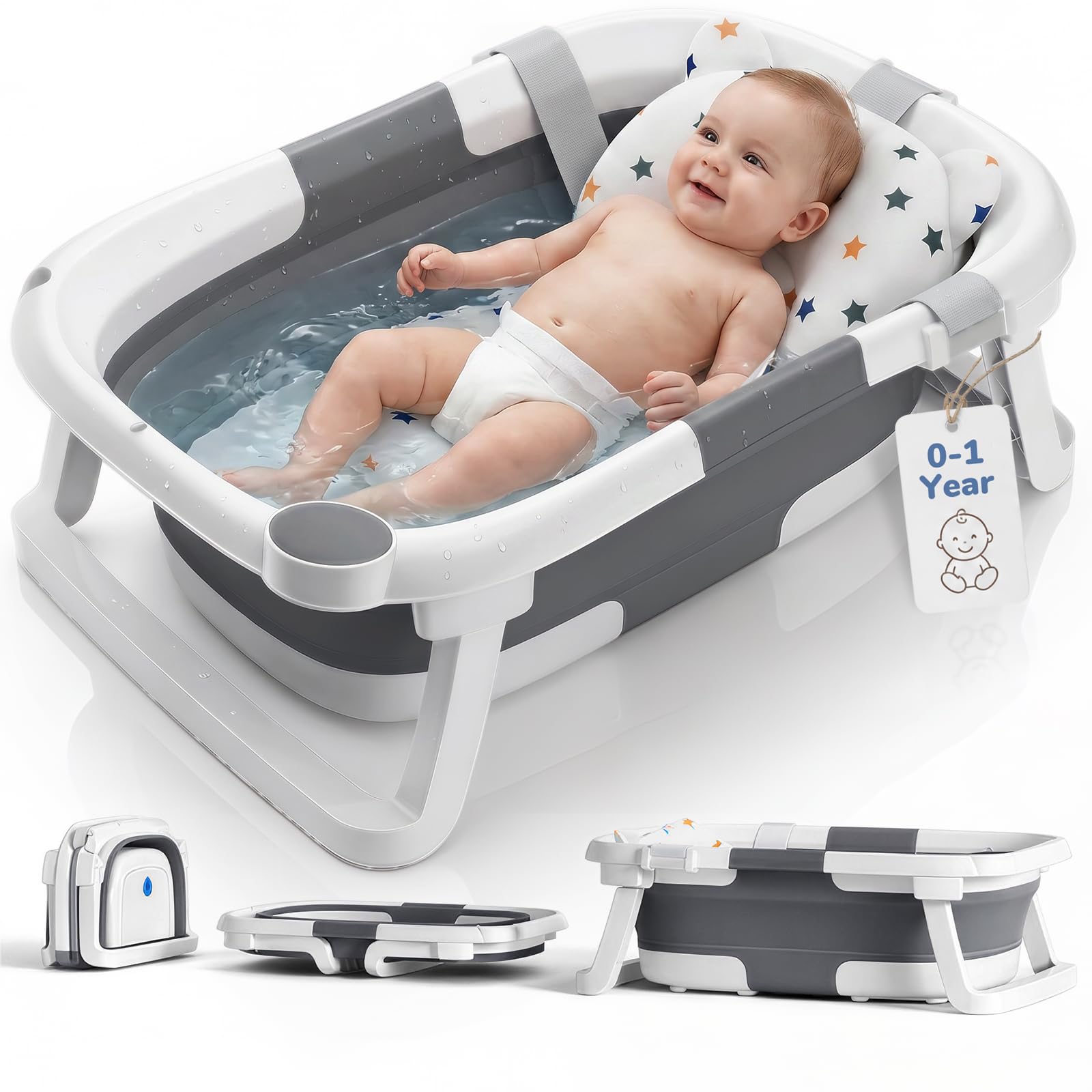 DEANIC Baby Bath Tub for 0-6-12 Months Newborn, Foldable Toddler Bath with Soft Cushion Pad, Portable Baby Bathtub Travel Save Space (Grey)