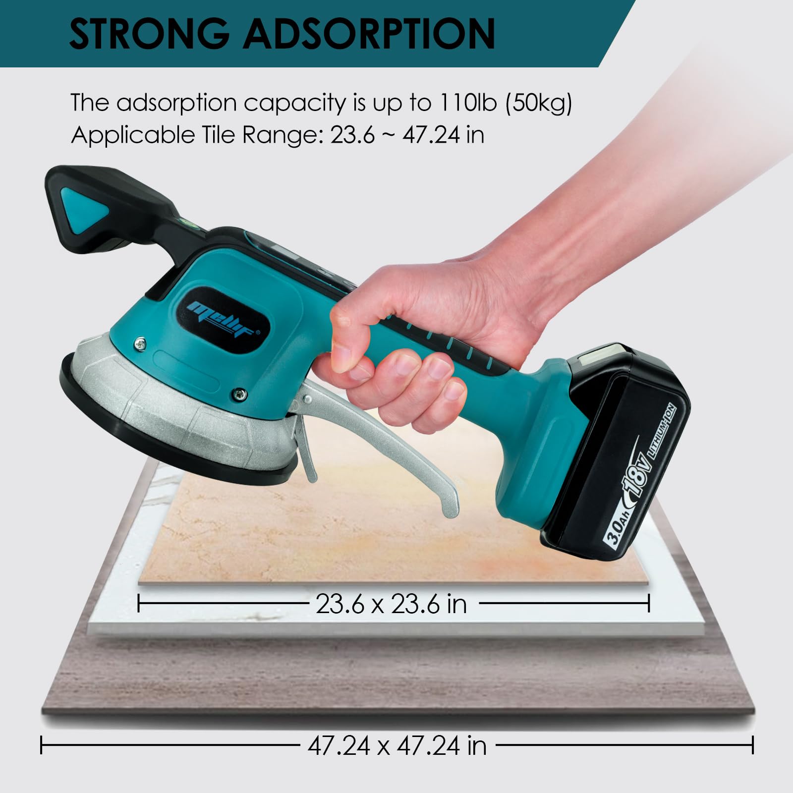 Mellif Fliesenrüttler für Makita Akku 18V, Fliesen Vibrationsgerät, Fliesenvibrator mit 10 stuftige Geschwindigkeit,14cm Saugnapf, 50kg Adsorption für 120 x 120 cm Fliesen (AKKU NICHT Enthält)