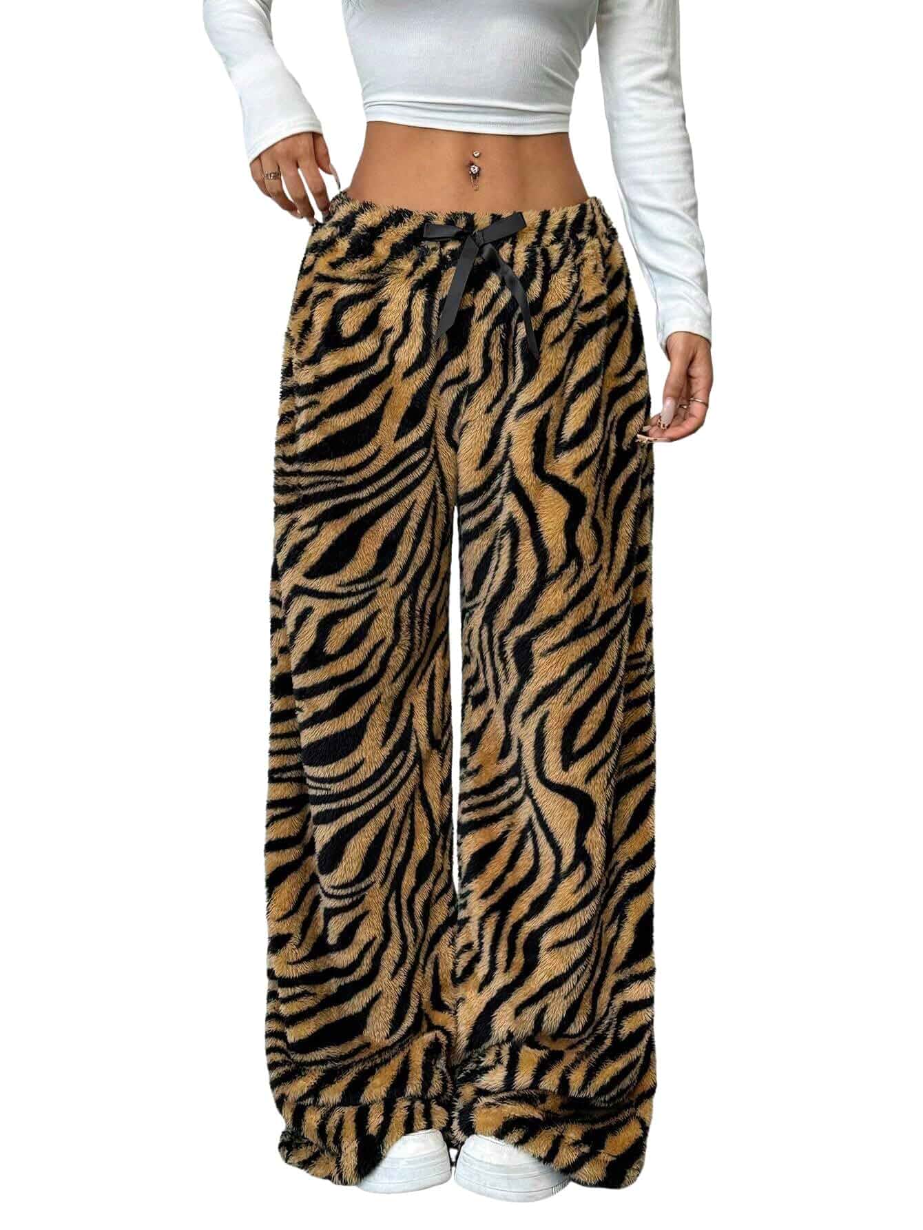 ZAFUL Women's Fuzzy Plush Pajama Pants Wide Leg Pj Bottoms Lounge Pants Soft Fluffy Sleep Pants Drawstring Elastic Waist Teddy Pjs for Women No Pockets