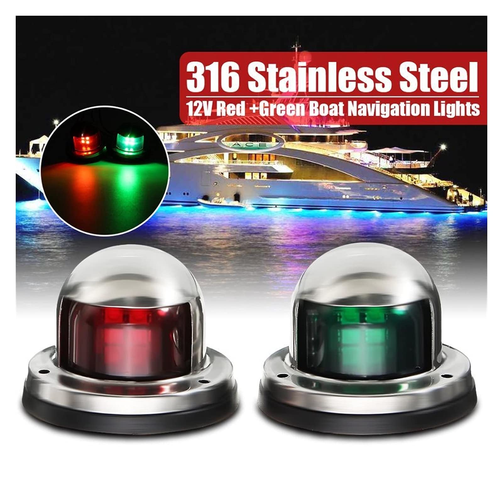 1 paio di fiocco rosso in acciaio inox 12V GUIDATO Luci navigazione Barca Indicatore marino Spot Light Marine Boat Yacht Per la navigazione e la pesca