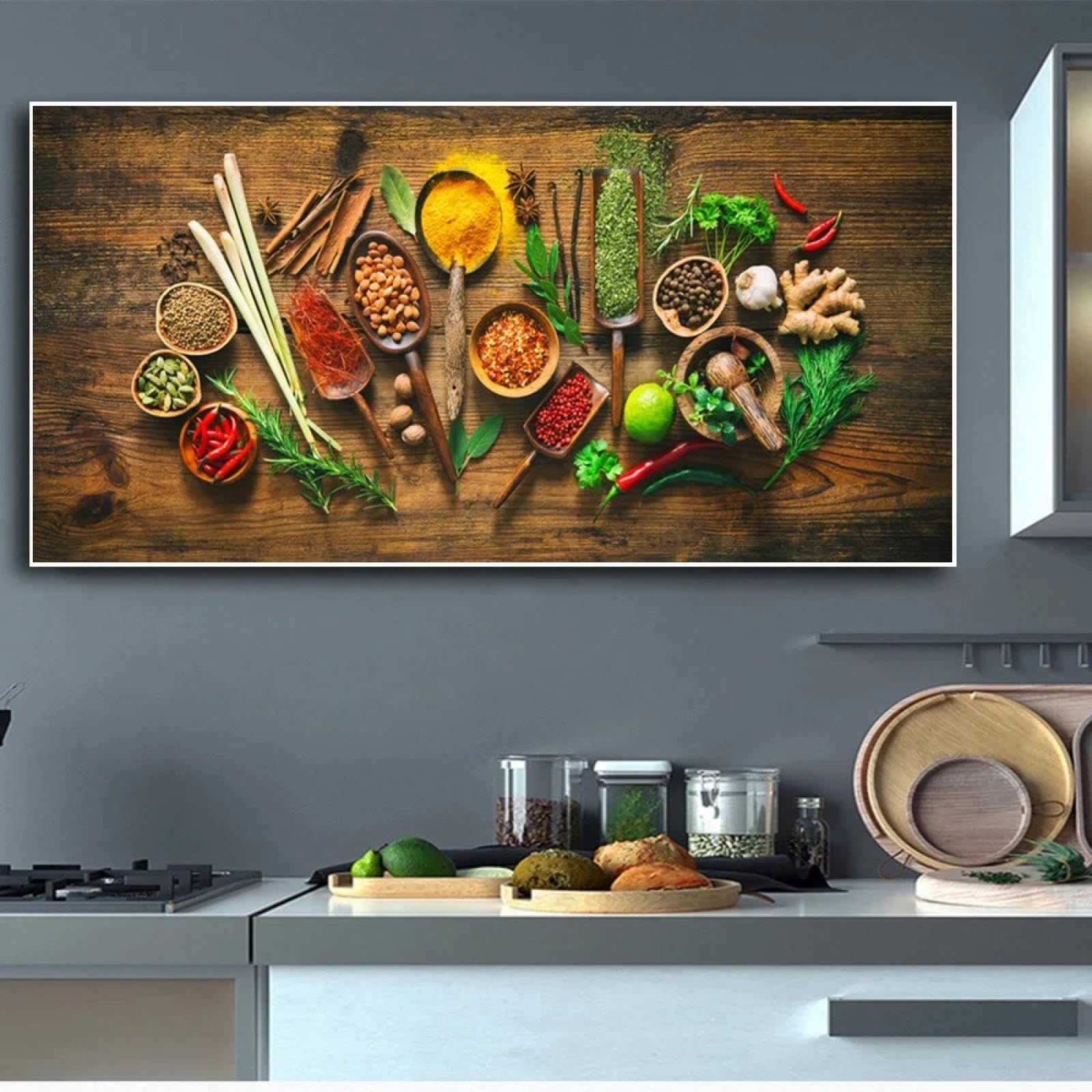Affiches et impressions colorées à base de plantes et d'épices sur table, images d'assaisonnement, peinture artistique sur toile pour cuisine, décoration murale de salle, 90 x 180 cm, sans cadre
