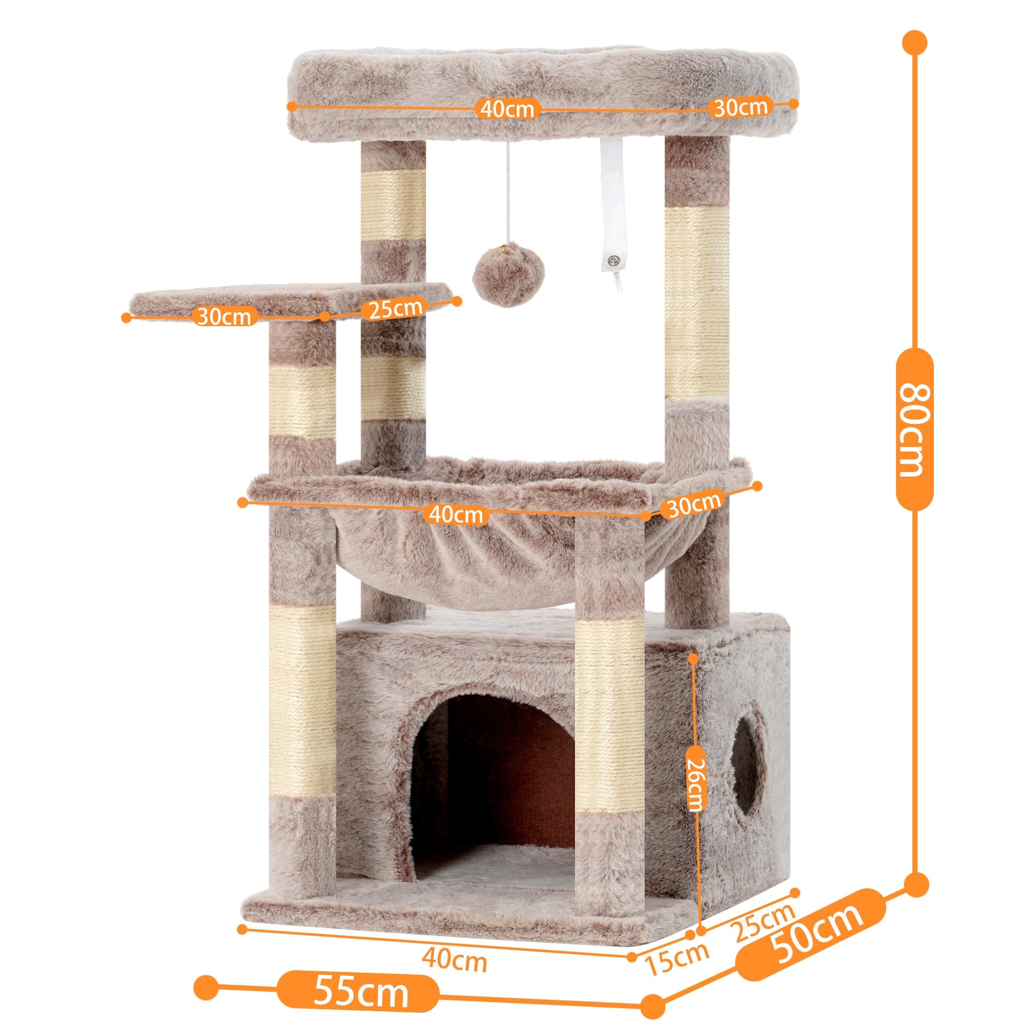 Heybly Albero per Gatti, con Cestino Extra Grande e Morbido, Letto Spazioso, Posto Letto Nascosto, Colonne in Sisal Robuste e Palla di Peluche, Beige Marrone HCT008SMU