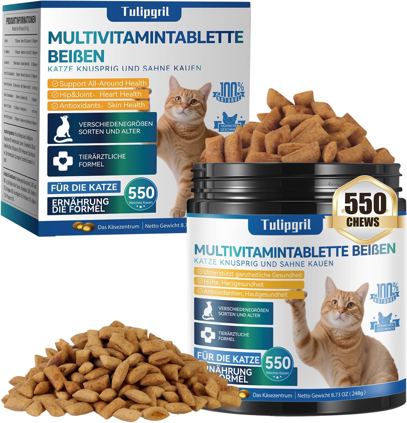 Cat Multivitamins 550 Chews with Egg Yolk & Cheese Filling – Chicken Flavour Skin & Coat Support with Omega 3, Biotin, Vitamins for Immune, Heart, Eye Health – Delicious Cat Vitamins & Supplement