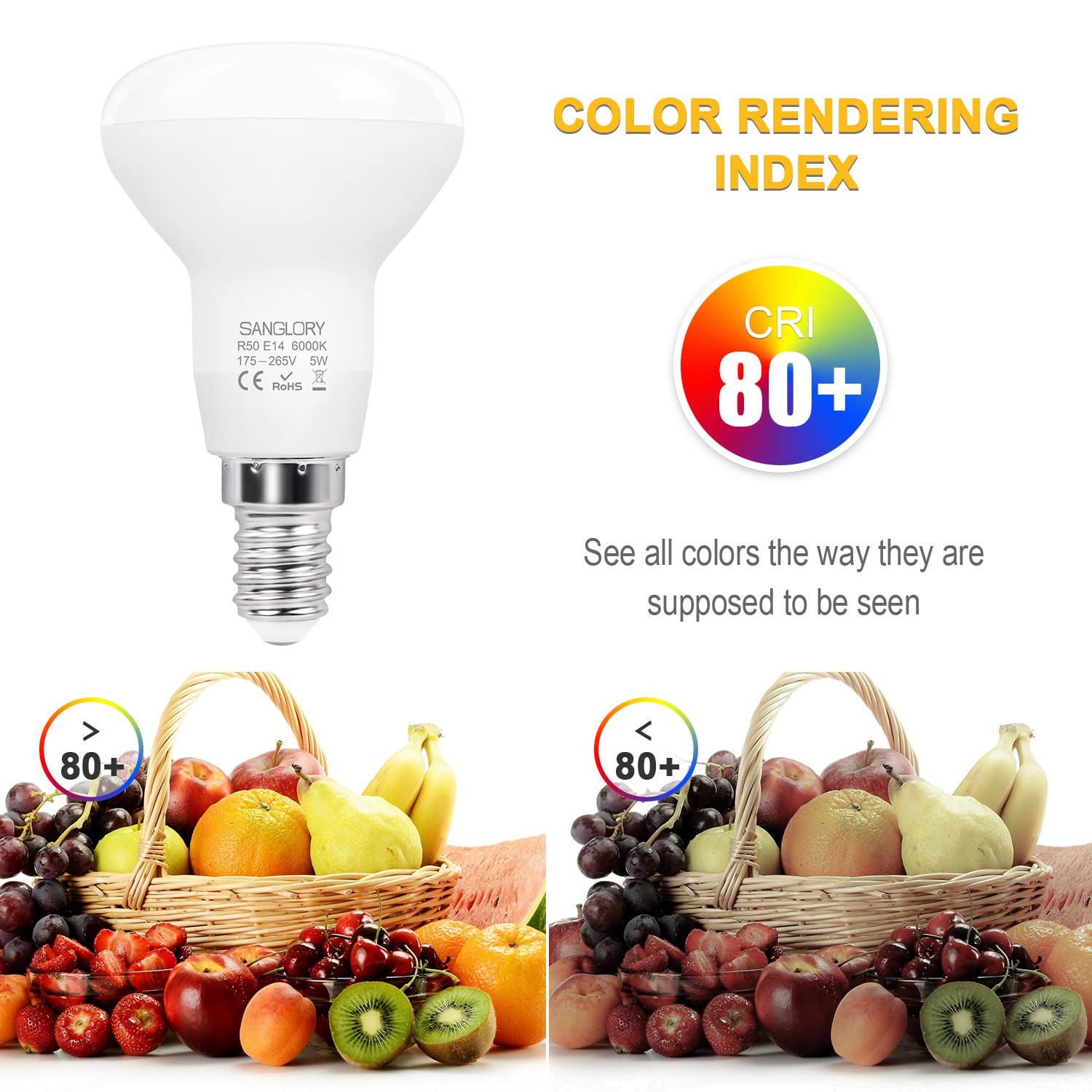 SanGlory Lampadine LED E14 R50 Riflettore, E14 LED 6000K Bianca Fredda, 5 Watt Equivalente a Alogena 40W, 510LM, 120 Gradi di Luce, Lampade Faretti LED R50 Non-dimmerabile, Confezione da 2