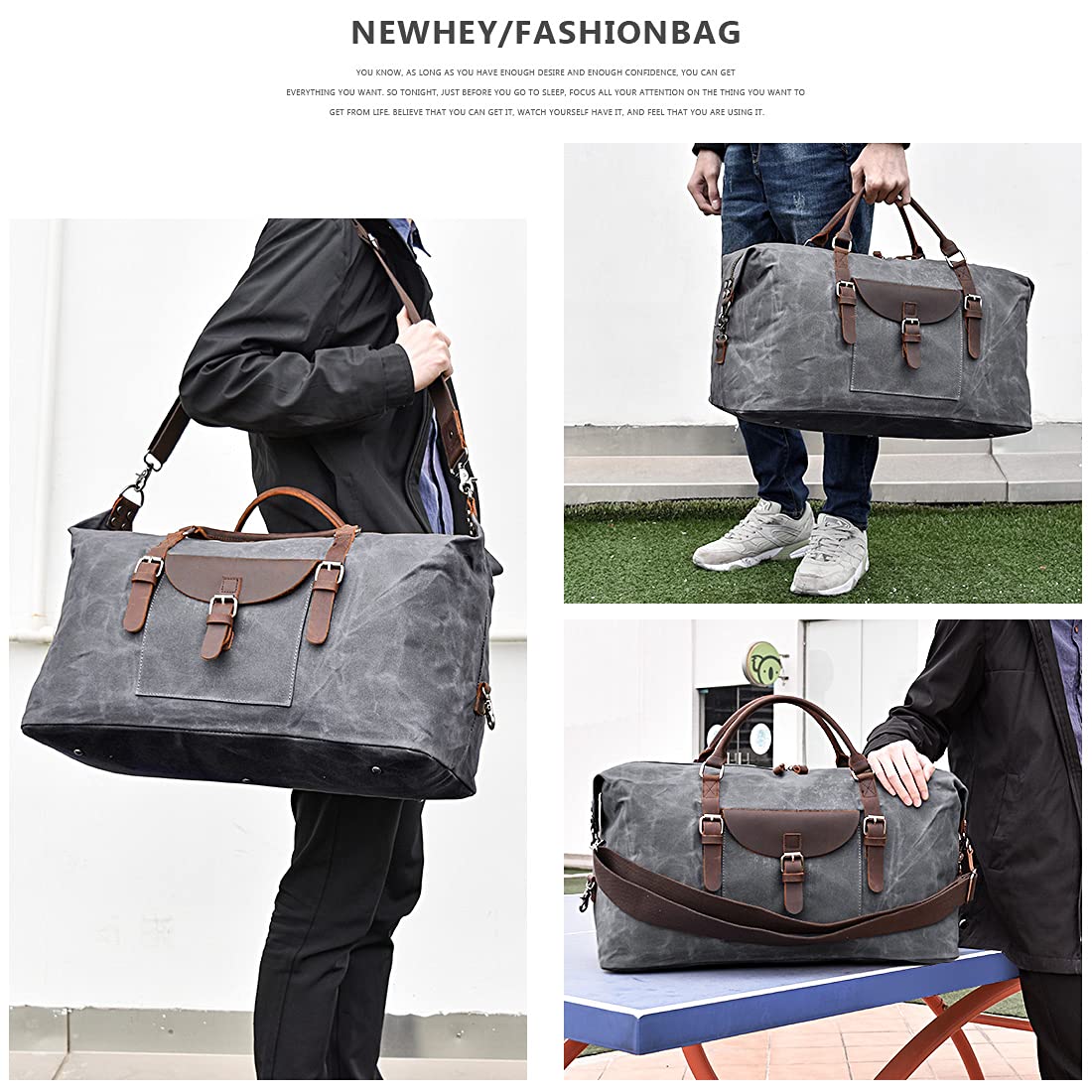 Bolsa de viaje de gran tamaño, impermeable, lona, para fin de semana, piel, para pasar la noche