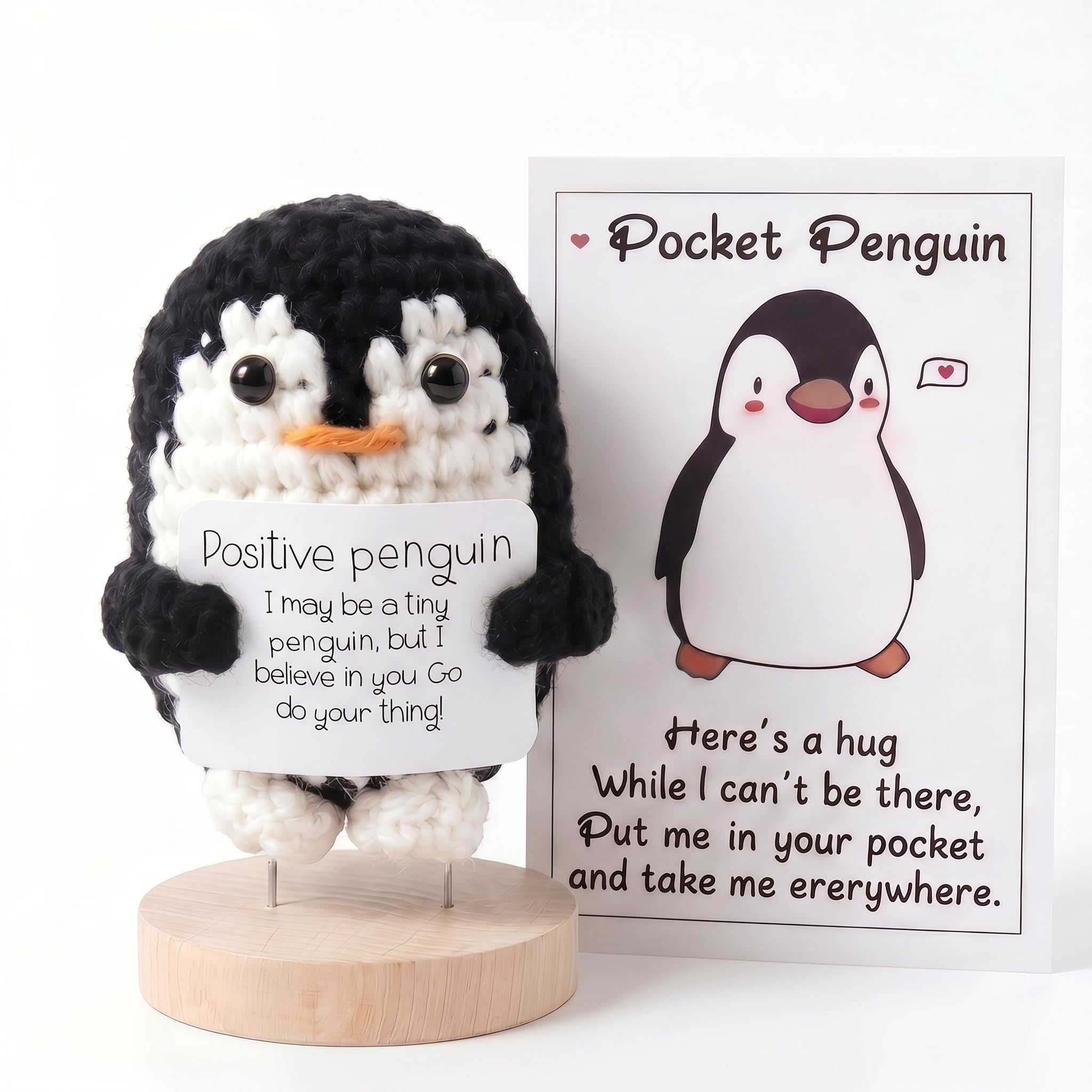 Ryvera Emotional Support Penguin, Positive Crochet Penguin with Wooden Stand, Good Luck & Cheer Up Gift, Inspirational Present for Valentine, Birthday, Partners & Friends