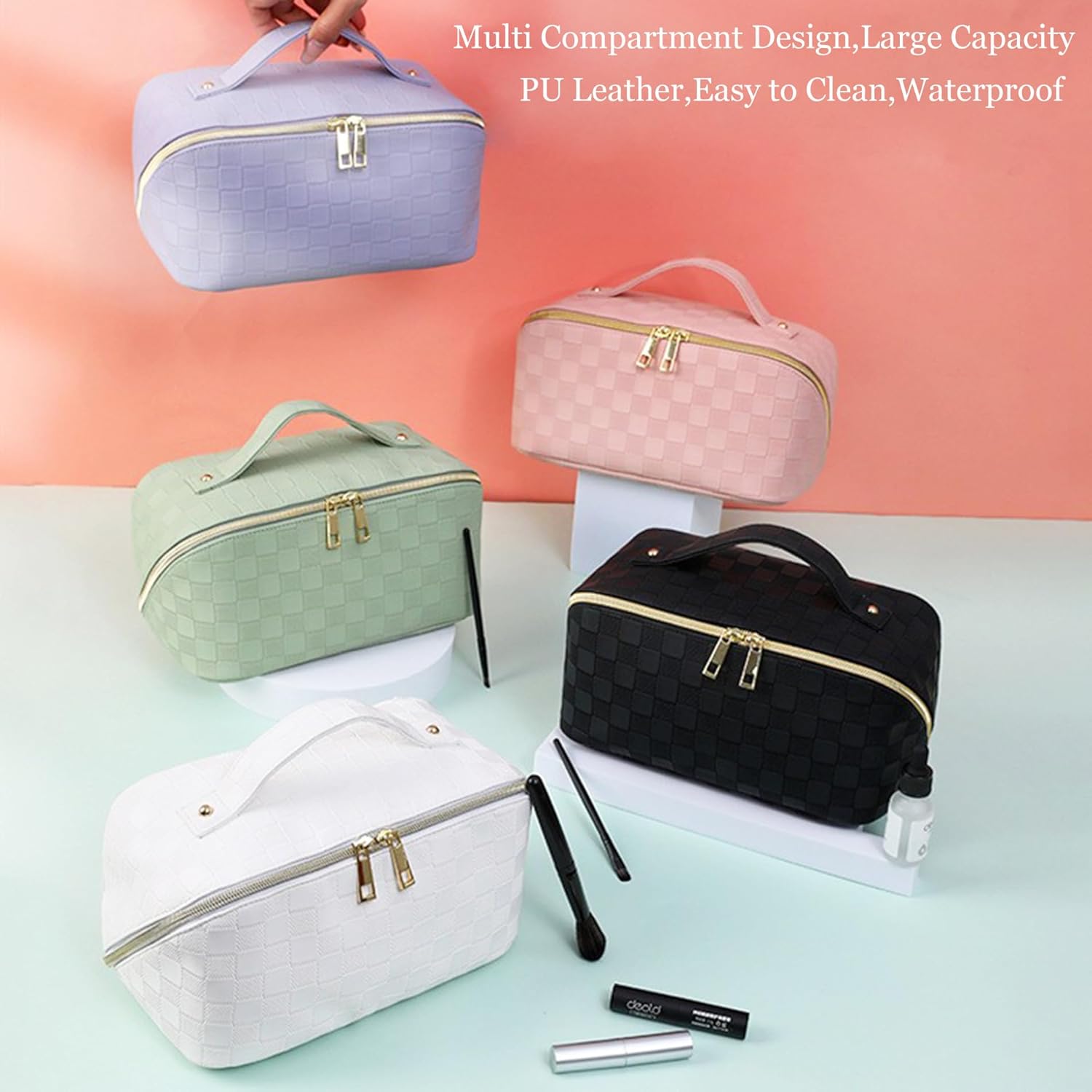 Cosmetic Bag,Travel Makeup Bag, Large Capacity Cosmetic Bags for Women, Waterproof Portable Open Flat Toiletry Bags,Makeup Organizer Bag with Divider and Handle, Pink Cosmetic Pouch Gifts for Women - Image 5