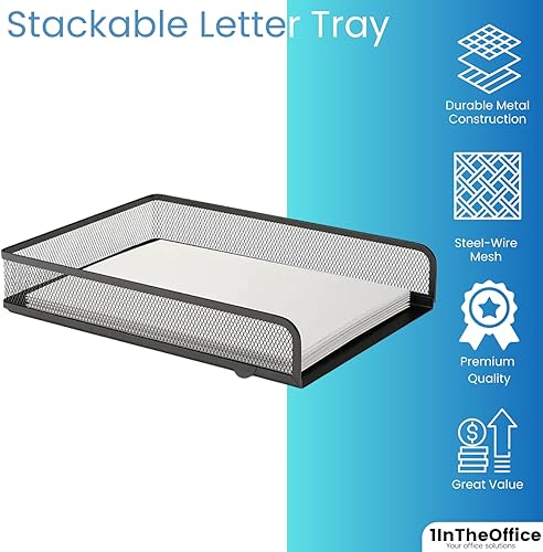 Miniatura 2 de 1InTheOffice Bandejas de escritorio apilables para cartas, organizador de bandejas de papel de carga frontal de malla de alambre negro mate (paquete