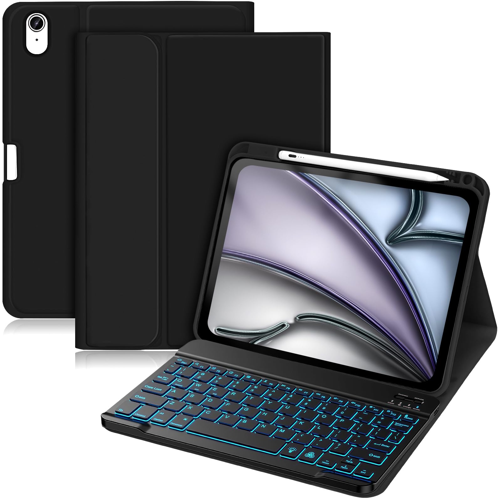 Hülle mit Tastatur für iPad Air 11 Zoll M4 2026/M3 2025/M2 2024, iPad Air 5 4 2022 2020 10,9 Zoll (2022/2020), 7 Farben Beleuchtete mit Abnehmbare Tastatur, TPU Rückschale mit Stifthalter, Schwarz