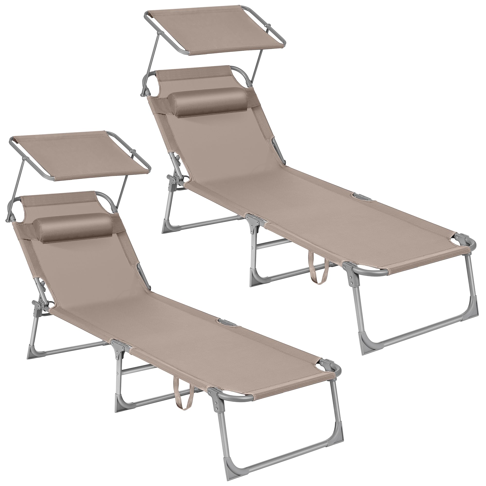 SONGMICS Tumbona Reclinable, Juego de 2, 193 x 53 x 29 cm, Carga de 150 kg, con Reposacabezas de Protección Solar y Respaldo, para Terraza, Piscina, Jardín, Topo GCB192K02