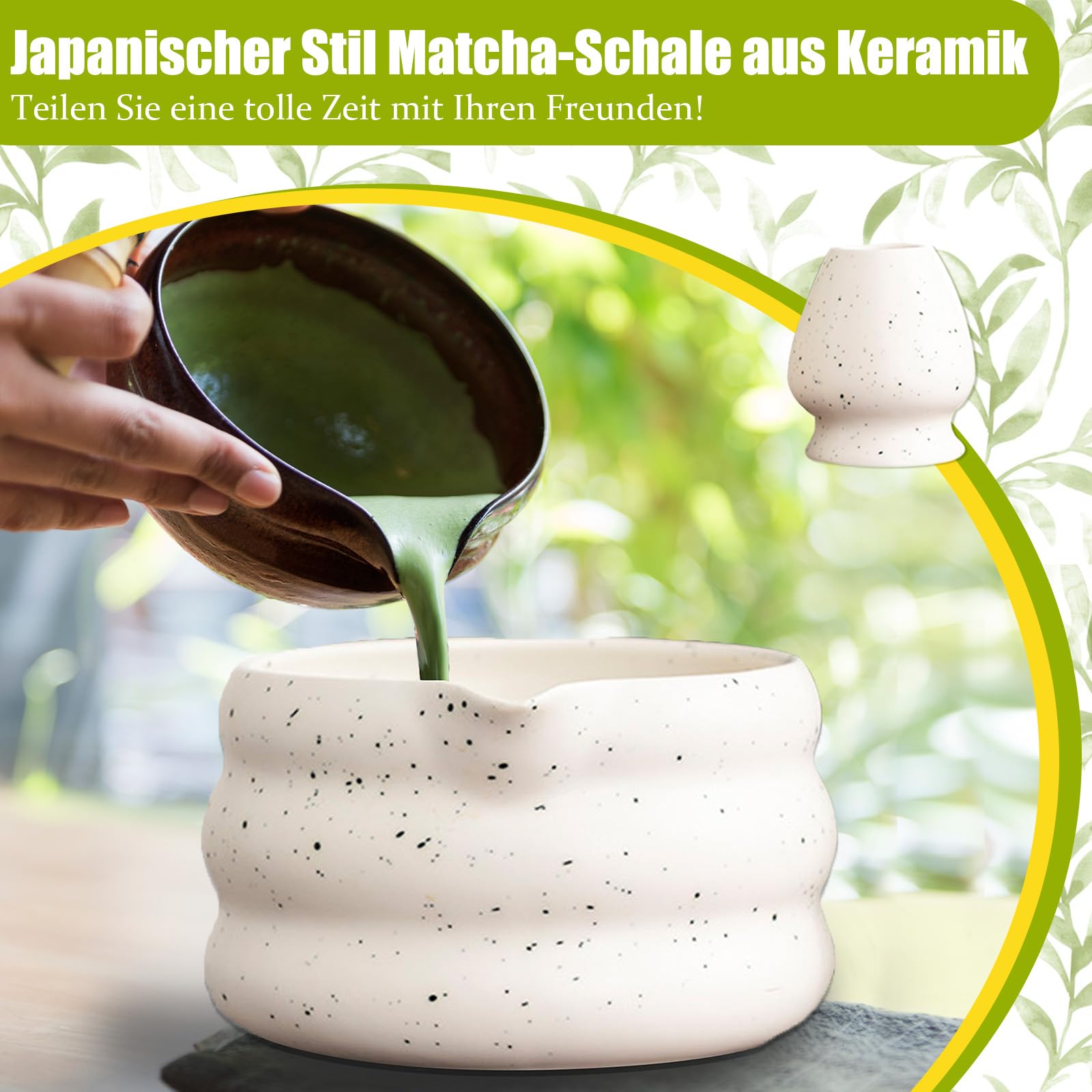 Colcolo 2-Teilige Matcha-Schüssel, Handgefertigt für die Matcha-Zeremonie, mit Schneebesenhalter und Ausgießer, Liefert Schneebesen-Teeschale, Japanische Matcha-Schüssel für Anfänger, HellgrünWeiß